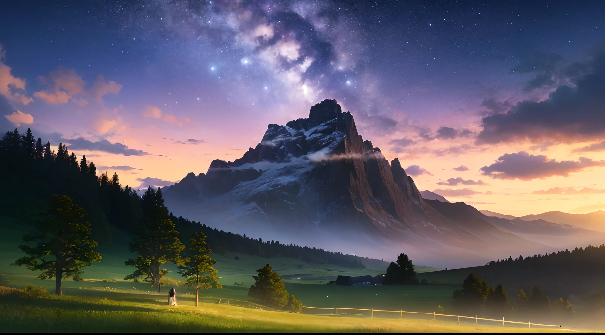 (8K,RAW photos,highest quality, masterpiece,HDR,bloom:1.2),girl,desktop wallpaper,outdoor,cinematic lighting,beautiful night,Stars in the sky,clouds,mountain,Green meadow,Beautiful morning