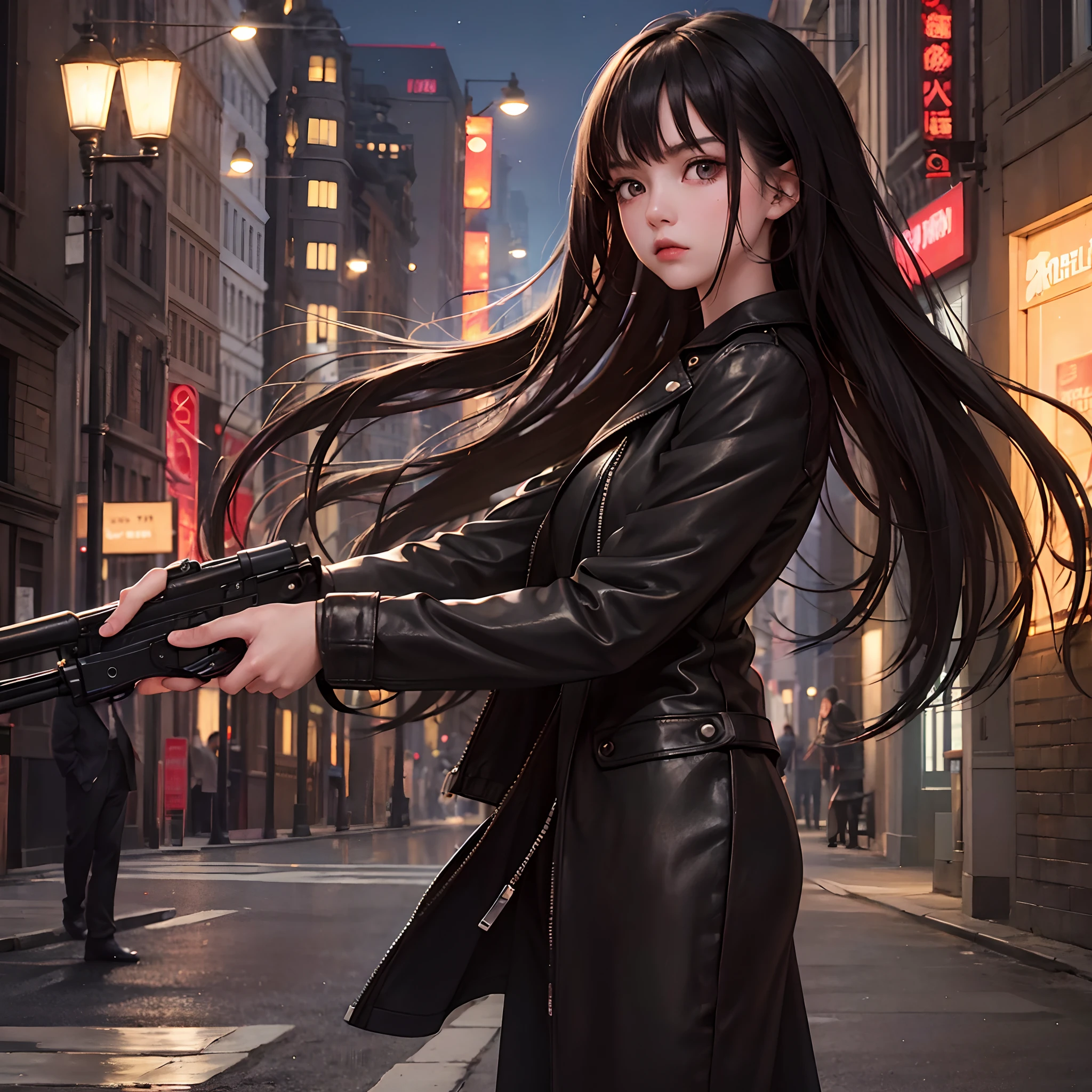 One girl, masterpiece, perfect face, Wide eyes, black hair, brown eyes, angry face, pistol in hand, street, night, street lights, black suits, leather clothes, ((perfect hands))