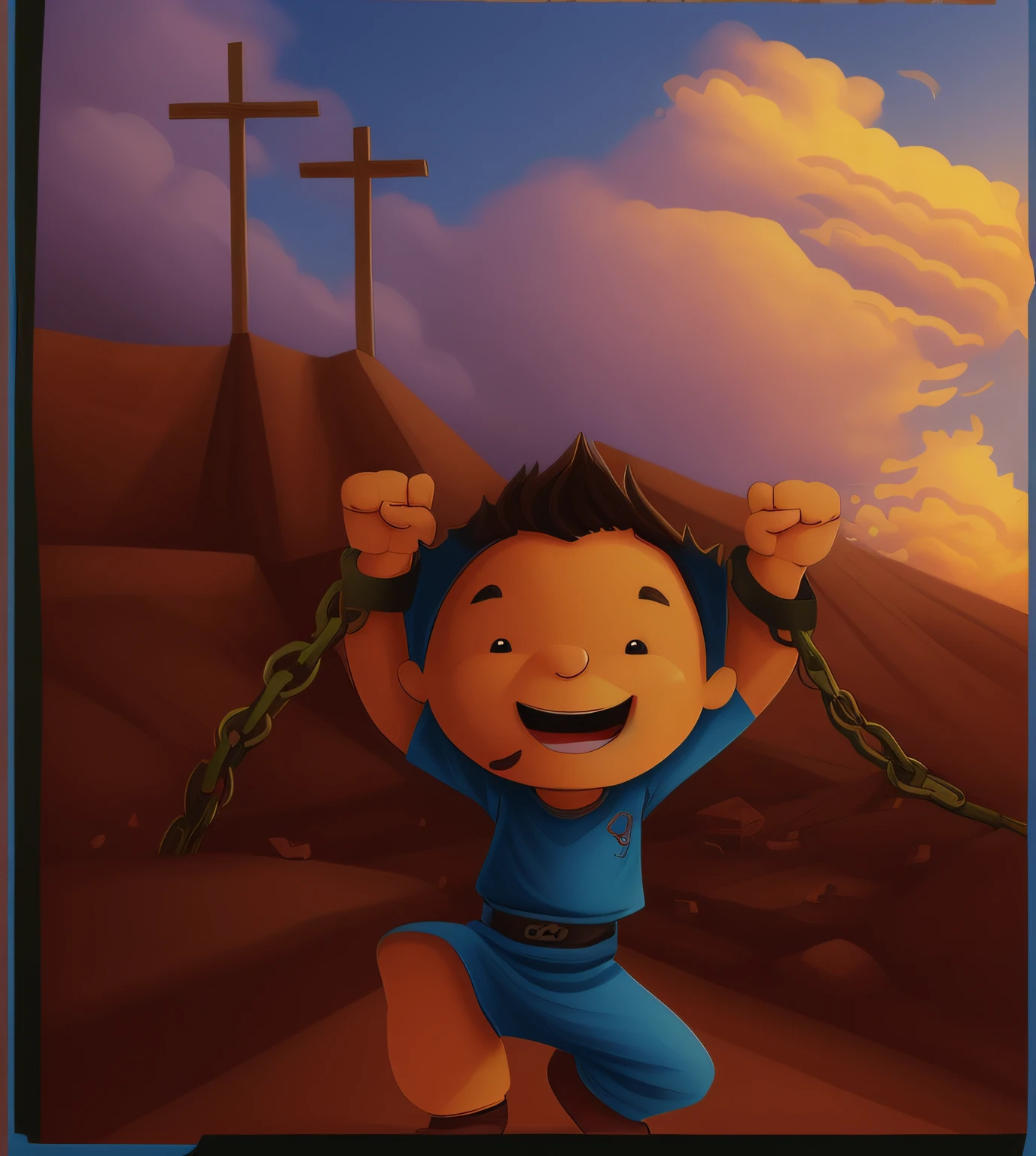 Cartoon of a boy with a chain around his neck and arms, the the man is wrapped in chains, crucifixion of conor mcgregor, Jesus Ninja, bible illustration, Directed by: Alexandre Fedosav, the front of a trading card, Directed by: Hristofor Zhefarovich, Awesome, brilhante, cachorro louco em uma corrente, Directed by: Slava Raškaj, imagem com as cores da imagem original