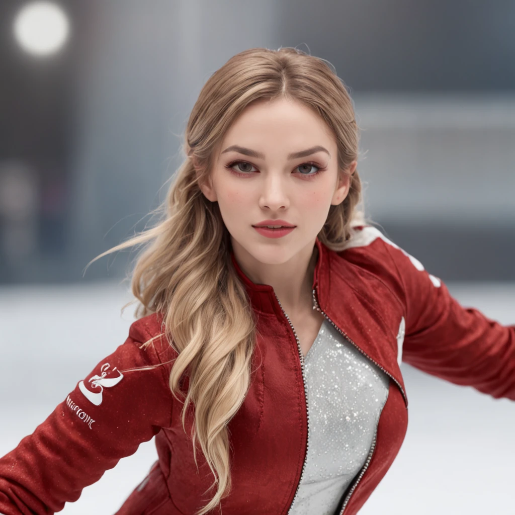 (professional 3d render:1.3) af (Realistic:1.3) most beautiful artwork photo in the world,Features soft and shiny female ice skater, ((1 girl, blonde hair, hazel eyes, long hair, curly hair, earrings, freckles, jewelry, lips, smiling, female ice skater, wearing a red jacket, parted lips)), full body 8k unity render, action shot, skin pore, day, stadium background, Detailed, Detailed face, (vibrant, photograph realistic, Realistic, Dramatic, Dark, Sharp focus, 8K), ((((Wear jacket)))), (Intricate:1.4), decadent, (Highly detailed:1.4), Digital painting, rendering by octane, art stations, concept-art, smooth, Sharp focus, illustration, Art germ, (loish:0.23), (Global illumination, Studio light, volumettic light), ((stadium background:1.3)),CGSesociety,art stations