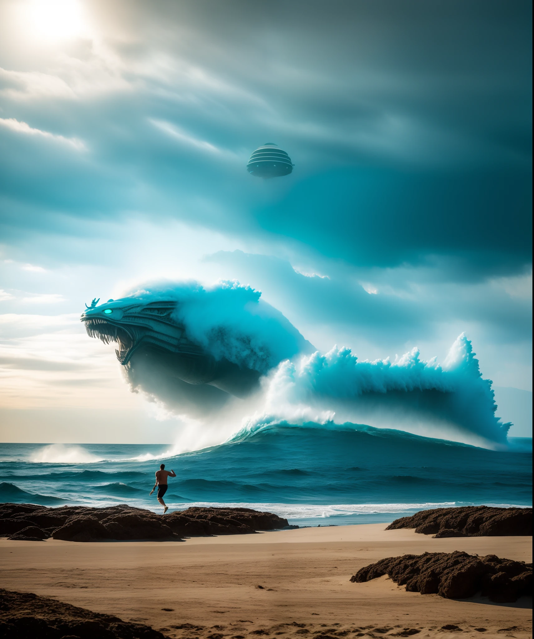 There is a giant alien monster coming from the ocean, people on the sand screaming and running