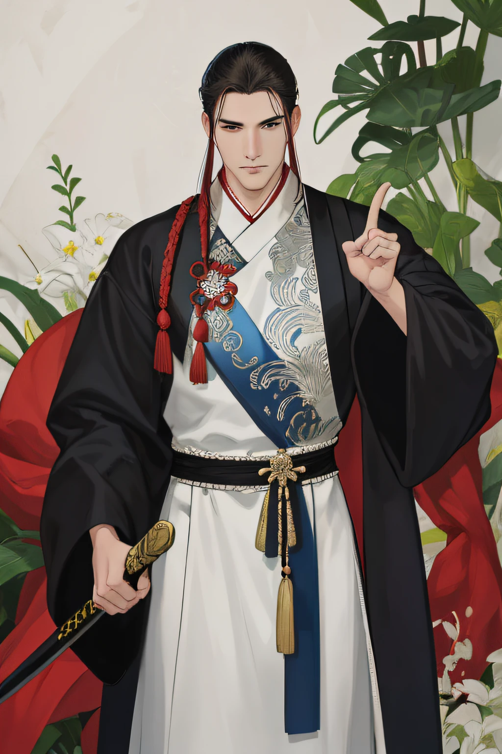 NSFW, obra-prima, melhor qualidade, ultra-detalhado, semi-realista, detailedfacialfeatures, 2homens,usando roupas velha wuxia chinesa,cabelos negros compridos , olhos negros,roupa grande vestido roupa masculina,manly,sensual ,full of malice,arrogante ,seduzindo,holding a long sword with his right hand and with his left making a gesture of respect