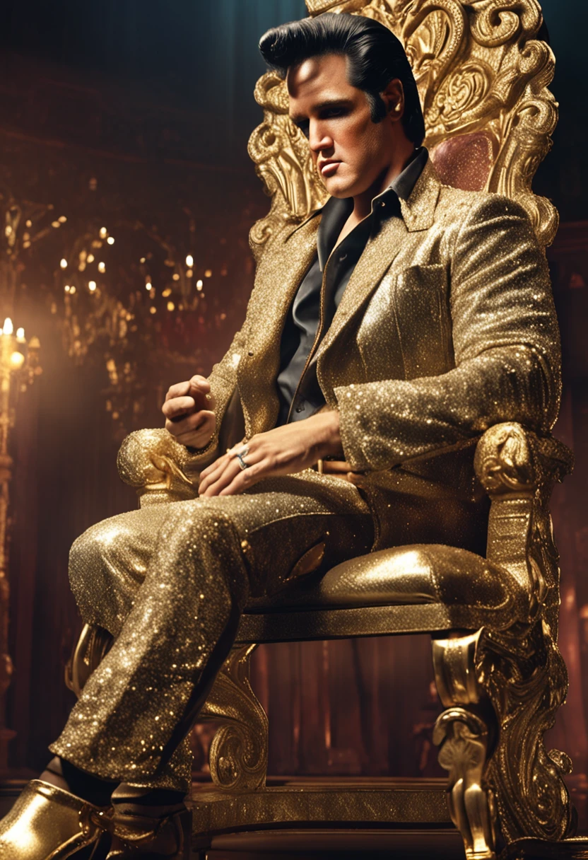 Elvis Presley sentado em um trono de ouro olhando para frente com rosto baixo, Elvis bad boy, jaqueta de couro preta, detalhes de roupas, textura 8k, 8k, detalhes insanos, detalhes complexos, hiperdetalhados altamente detalhados, realistas, soft Cinematic Light, HDR, foco nítido, ((((cinematic visual)))), intrincado, elegante, altamente detalhado