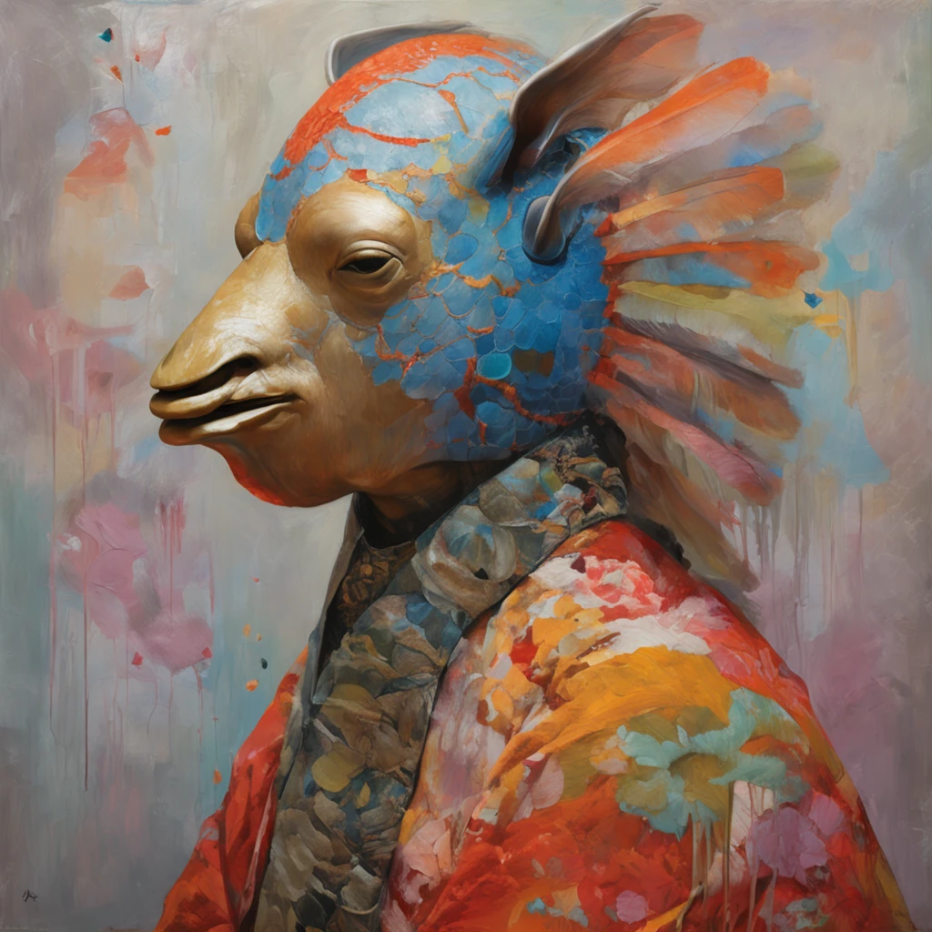 Halfway to the Goddess 3D Close-up profile portrait with ram skull. Beautiful finely detailed Japanese crow mask and clasic Japanese kimono. Poisson Betta, Phoenix Jellyfish, bio luminescent, plasma, glace, Eau, vent, creature, Oeuvre de Tooth Wu et WLOP et Beeple et Greg Rutkowski,