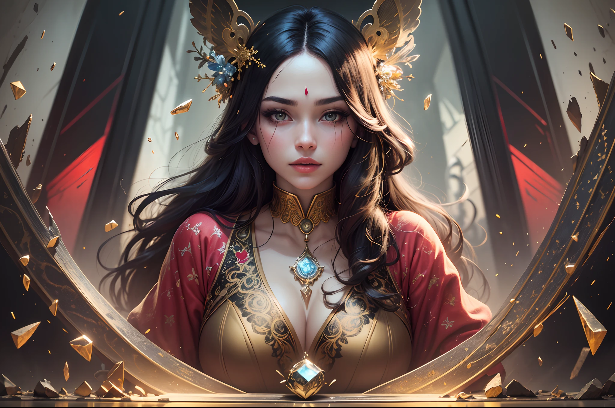 Close-up, ((beautiful woman in gilded pajamas with black and red pattern and ornament meditates)), in the background a magical portal shrouded in a fantastic mist, stunning digital art object, divine atmosphere, diamond glitter, digital art, bright, beautiful, splatter, sparkling, cute and charming, stardust, gold dust particles, filigree, edge lighting, luminous, magical, surreal, sci-fi, multicolored paint splatter, outline, detail, fantasy, unreal engine, perfectly drawn toes, perfect toes, perfect fingers, perfect feet, perfect face, perfect eyes, intricate detail, background, complementary colors, fantasy concept art, high detail, sharp focus, muted colors, perfect lips, bright, cinematic, masterpiece, atmospheric, high resolution, vivid, dynamic studio lighting, pan-and-shift camera, broken glass effect --auto --s2