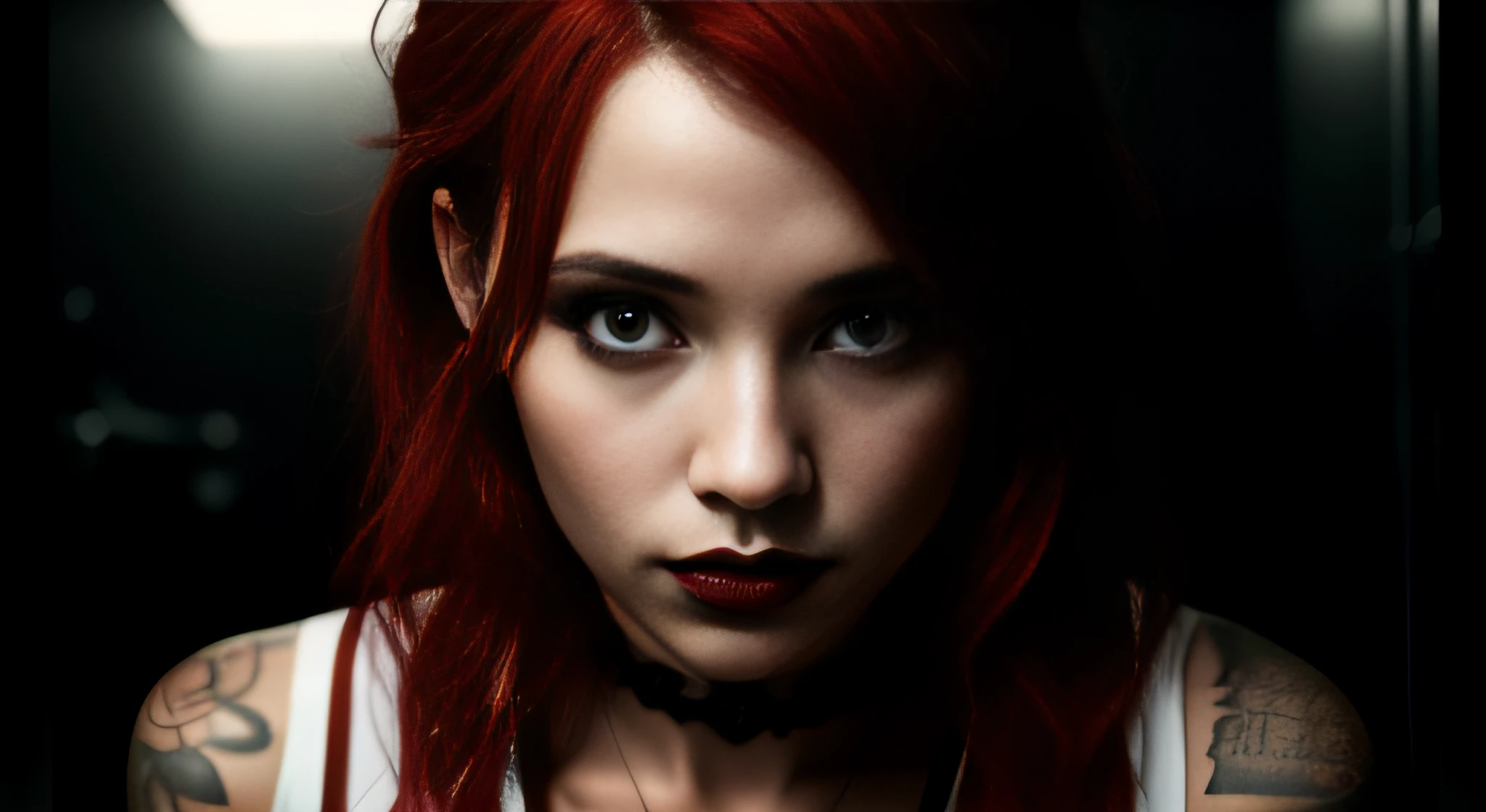 Malicious woman with red hair and tattoos posing in a bathroom, a portrait inspired by Louis Grell, tumblr, gothic art, gothic horror vibes, gothcore, goth girl, goth aesthetic, goth girl aesthetic, gothic aesthetic, dressed in crustpunk clothing, very beautiful goth top model, 1 7 - year - old goth girl, goth asthetics,((slim, petite)), photorealistic, photo, masterpiece, realistic, realism, photorealism, high contrast, photorealistic digital art trending on Artstation 8k HD high definition detailed realistic, detailed, skin texture, hyper detailed, realistic skin texture, armature, best quality, ultra high res, (photorealistic:1.4),, high resolution, detailed, raw photo, sharp re, by lee jeffries nikon d850 film stock photograph 4 kodak portra 400 camera f1.6 lens rich colors hyper realistic lifelike texture dramatic lighting unrealengine trending on artstation cinestill 800,