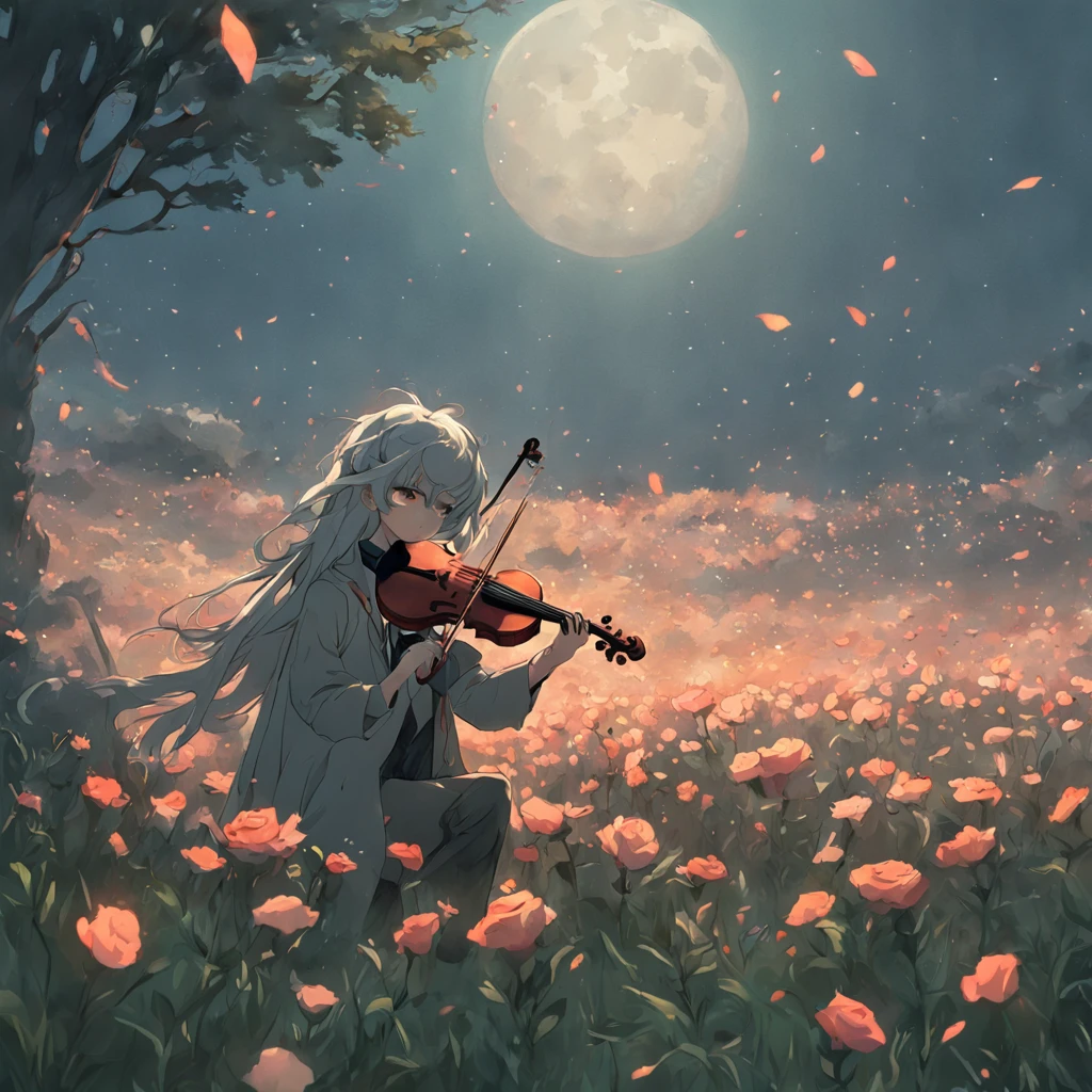 pierre lunaire con un violin en un campo de rosas, realistico, luz cinematografica