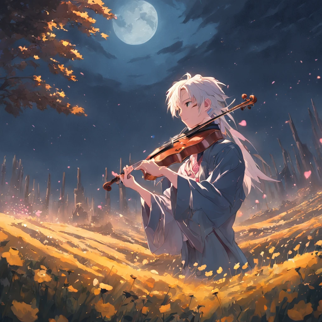 pierre lunaire con un violin en un campo de rosas, realistico, luz cinematografica