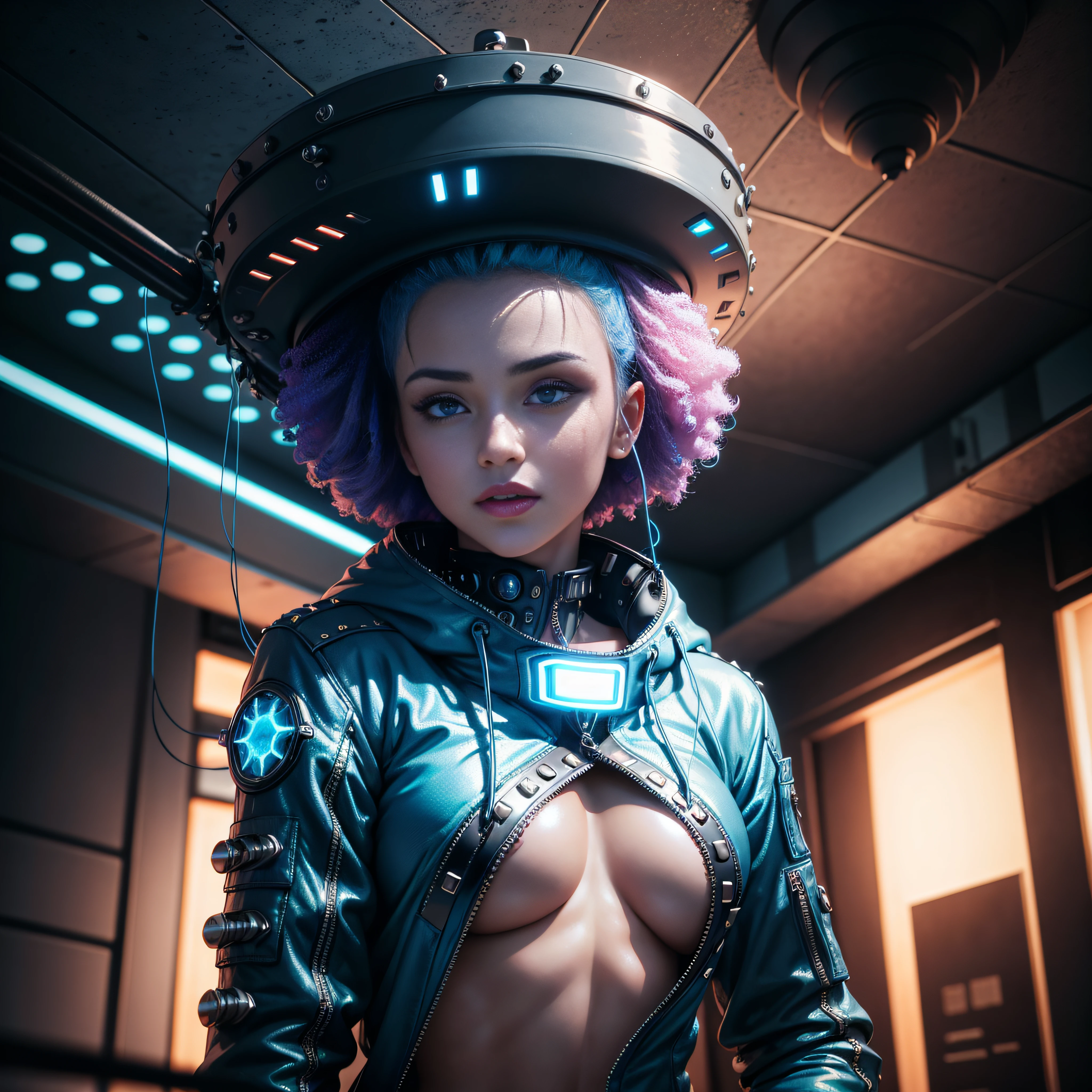 (Adult Finland woman:1.1) (blue neon Jacket With Rivets:1.3), (rave fashion:1.2), (red sparkling Afro hairstyle:1.2), (open zipper:1.1), (erotic:1.2), (sexy:1.3), (spaceship:1.5), (small server room:1), (neon lights all over (glowing:1.6)), (dangling sprinkler wires (hanging from ceiling:1.7)), best quality, raw, masterpiece, super fine photo, best quality, super high resolution, photorealistic realism, sunlight, full-body portrait, delicate face, vibrant eyes, detailed face, stars background, gorgeous, highly detailed skin, realistic skin details, visible pores, sharp focus, high quality, photo realism, seen from below, translucent, (voluptuous:1), sensual, lascivious, dominant, (sexual:1.3), sexy, romantic, high quality, film grain, Cinematic Light, sidelighting, Lens Flare, Ray tracing, detailed face, detailed complex stars background, realistic skin details, visible pores, sharp focus, volumetric fog, overexposed light
