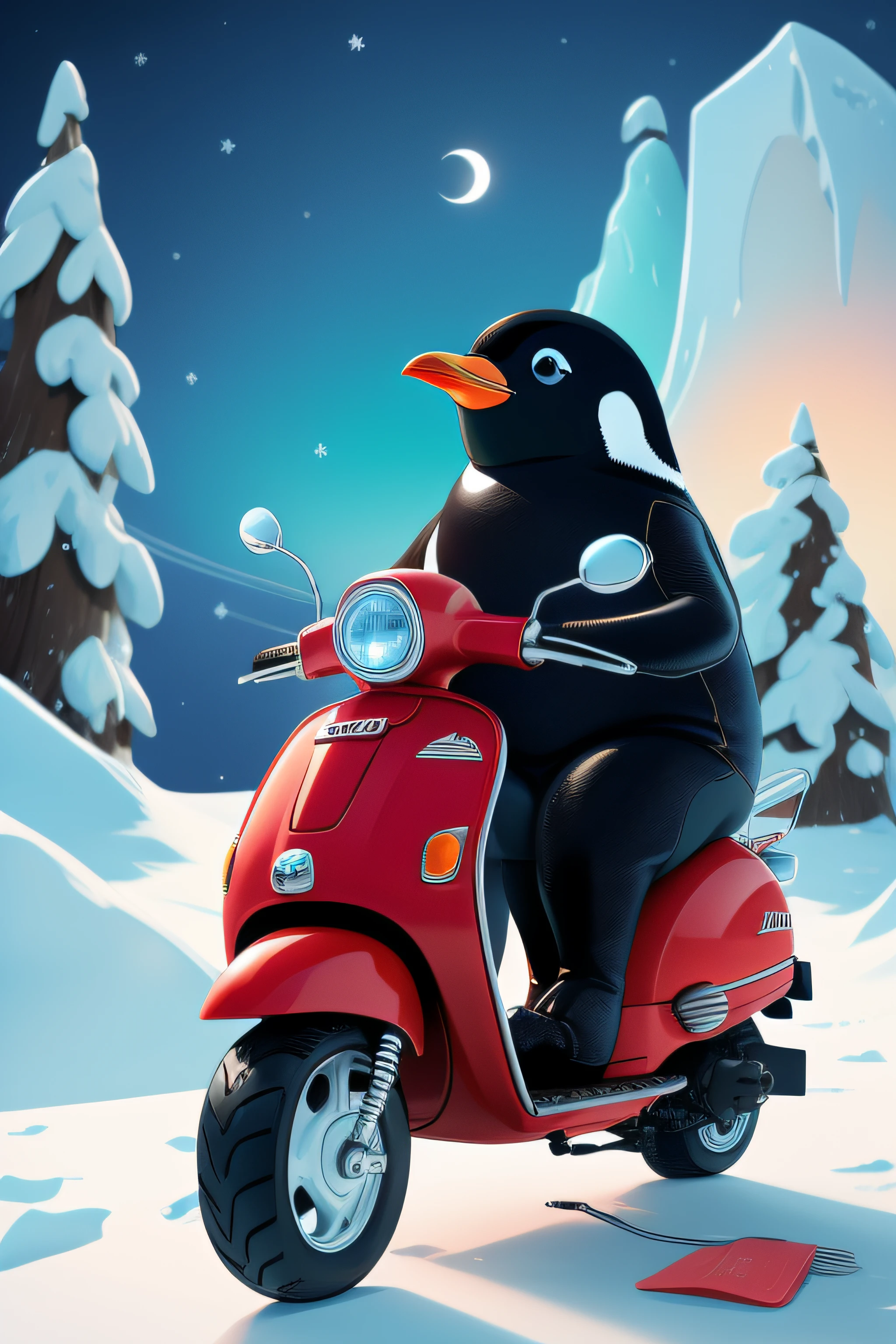 Chubby cute penguin,Ride a red scooter,delivery,(South Pole:1.2), Black strokes,Stick Figure Style,8K,