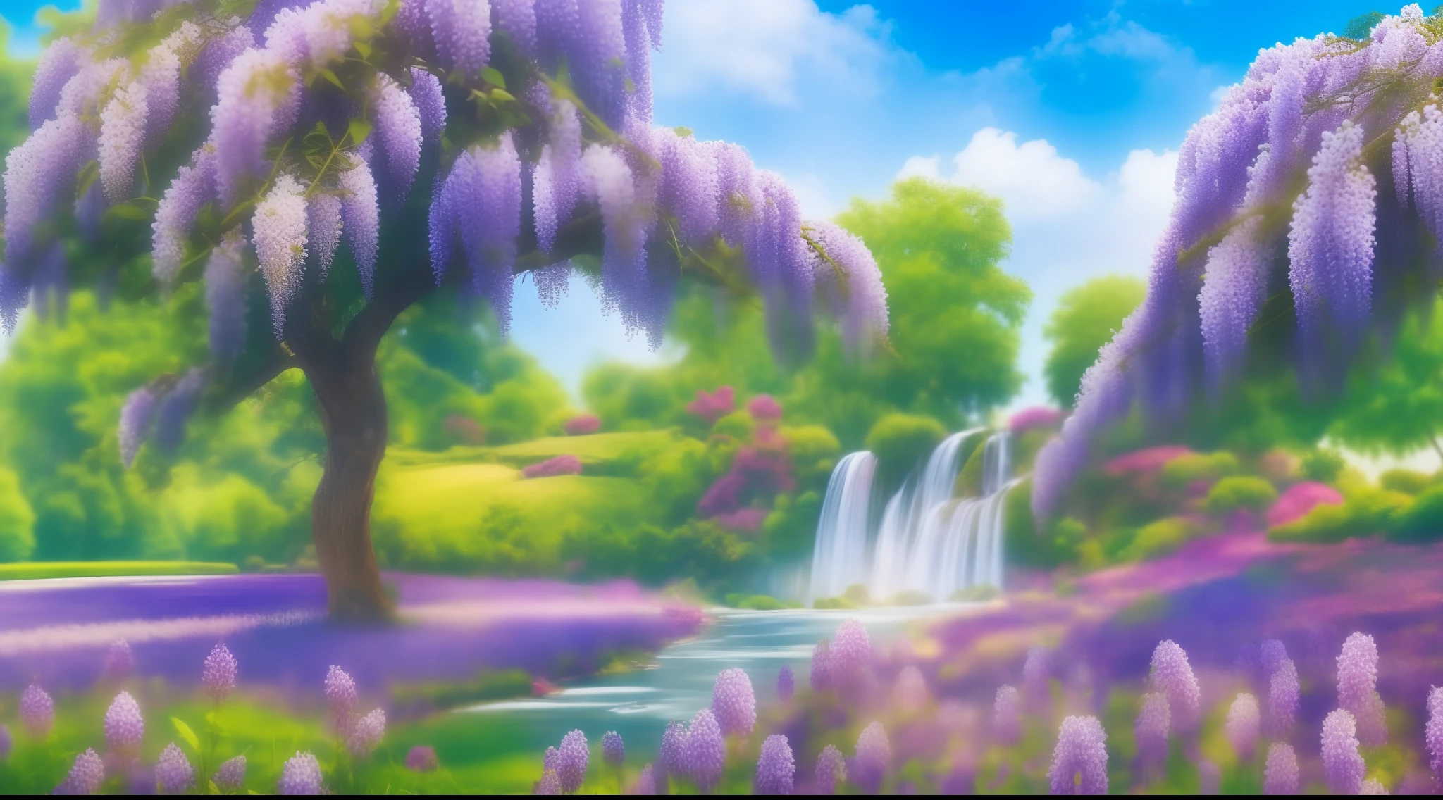 birthday card, wisteria tree, rose field, blue sky, river, waterfall