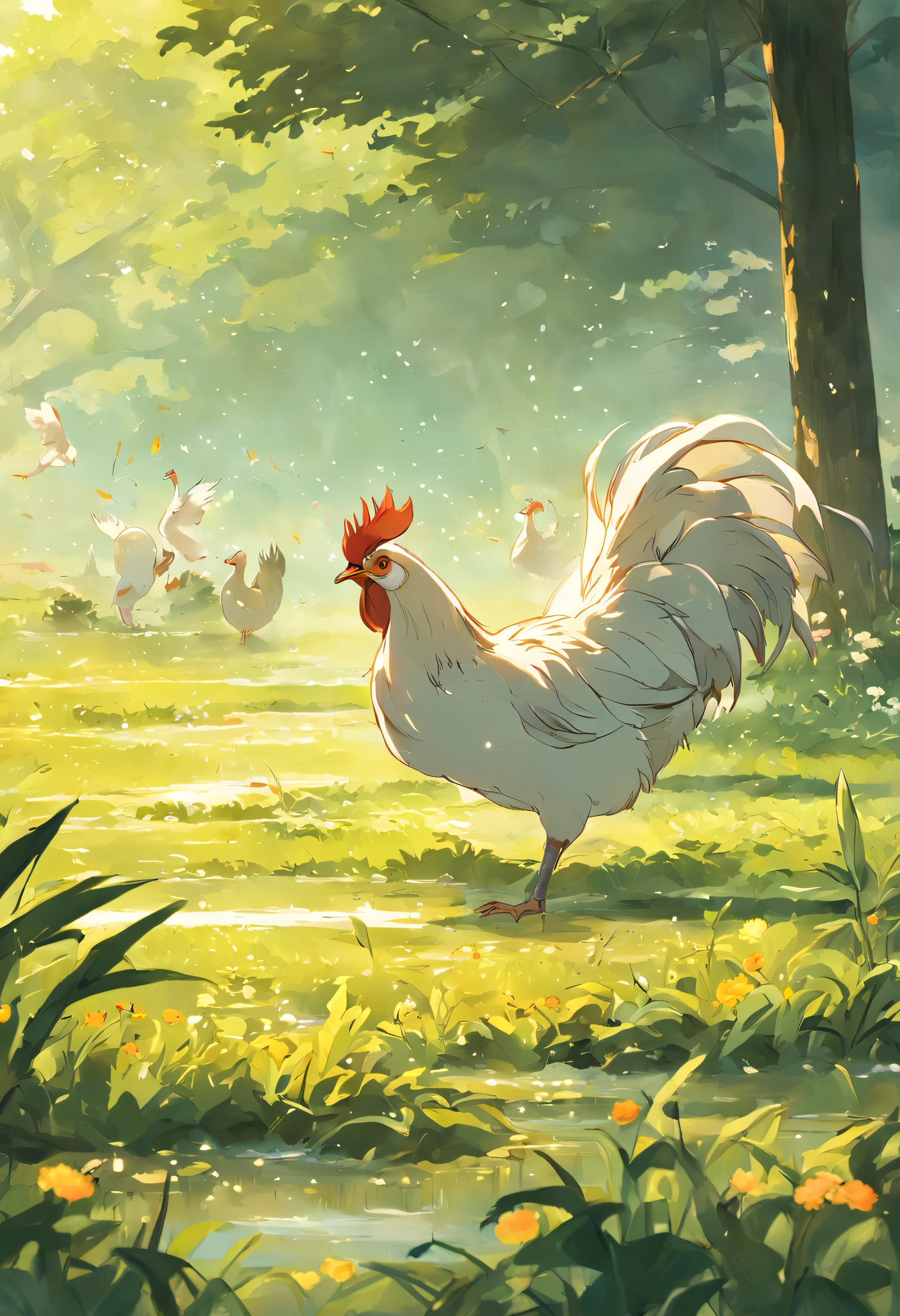 Early morning field,A gentle breeze,Several roosters sang the morning song,Sunlight shines through the clouds on the earth,Little birds sing happily in the trees,The mother duck in the pond takes the ducklings to swim in the water,A dog on the side of the road lies leisurely。
