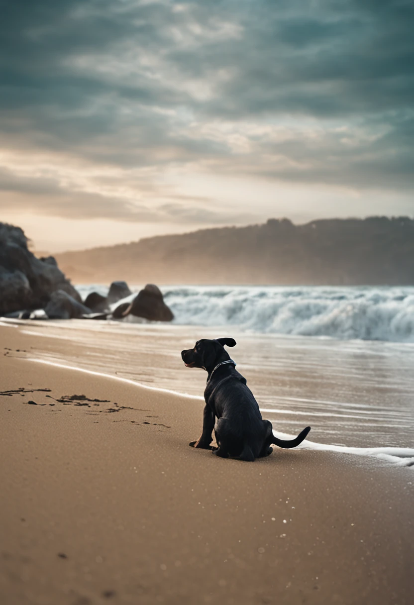 cachorro preto na praia