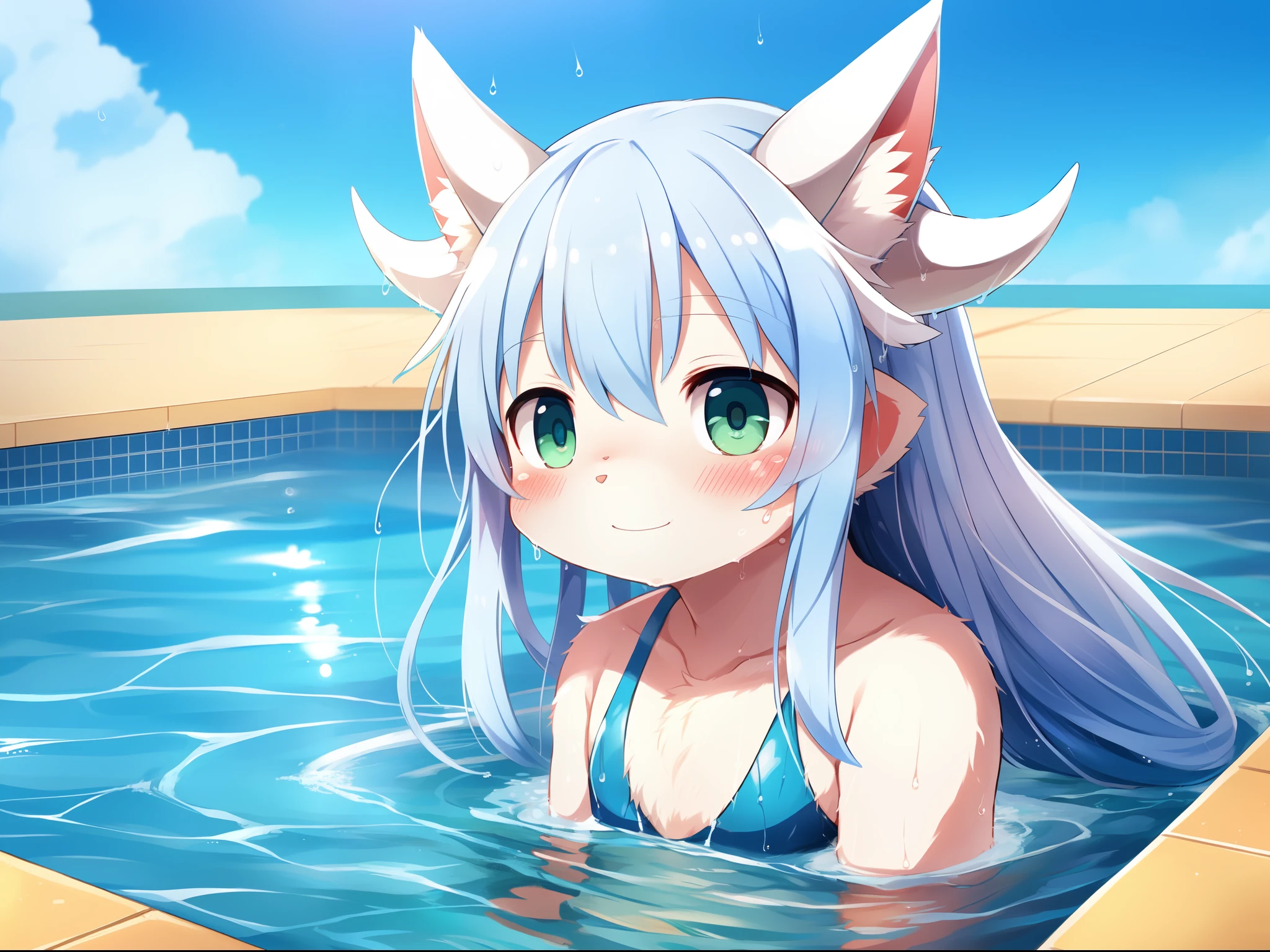 1boy, solo, swimming pool, outside, a cat with green eyes and small feathered wings, but as an anthropomorphic blue dragon lies on water, (wet fur:1.4), silver long hair, anime long hair, detailed hair, (white horns:1.4), blue body fur, young male anthro dragon, feminine body, blue to yellow gradient one-piece swimsuit, thin thigh, sfw version, furry anime, realistic anime cat, but bragon, very cute face, blushing, by dagasi, yupa, kiyosan, playful, young, detailed background, detailed fanart, pixiv, digital painting, masterpiece, high quality, highres
