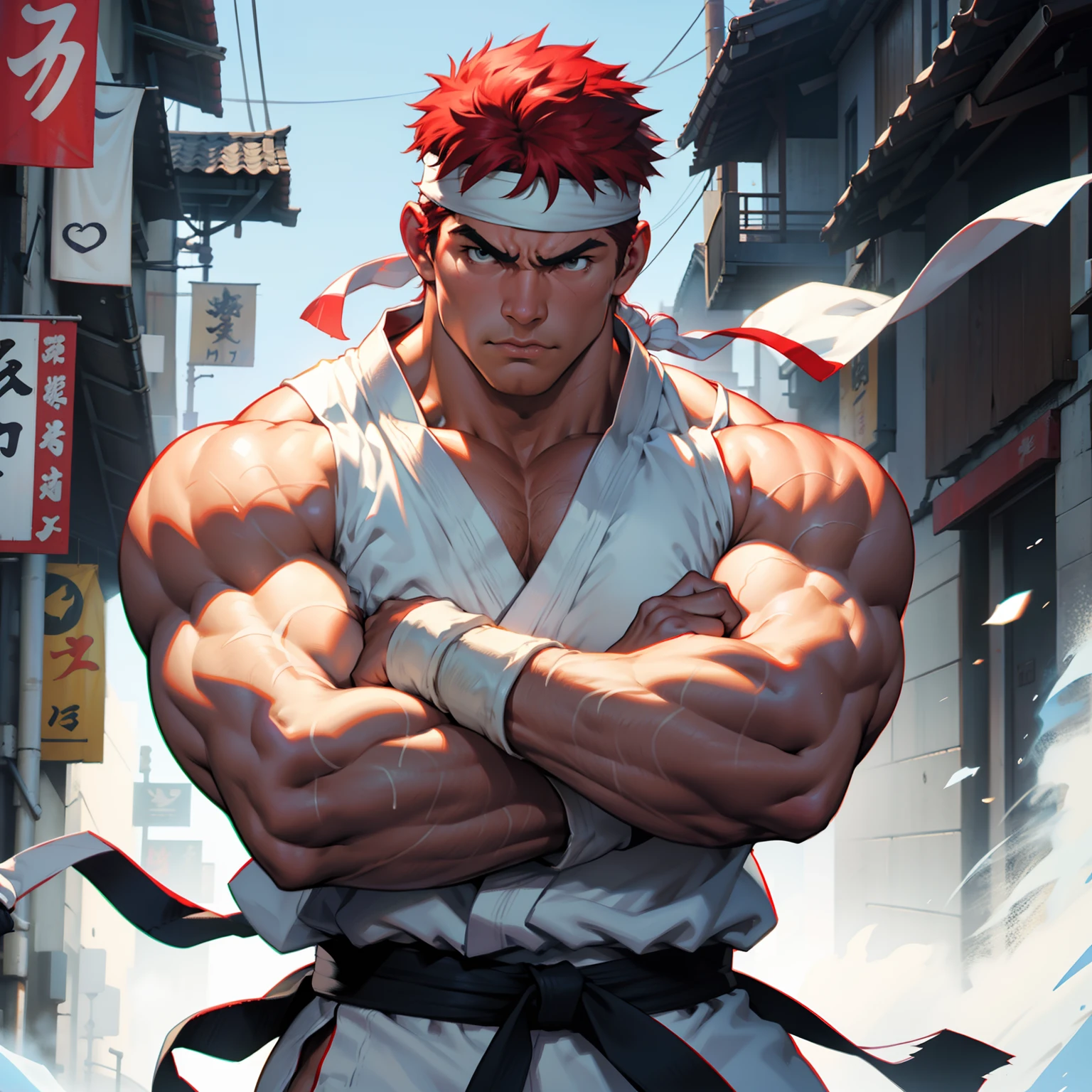 Cinematic Still of Ryu from Street Fighter, wearing a sleeveless white karate Gi, a white headband with red hair with arms folded. Best quality