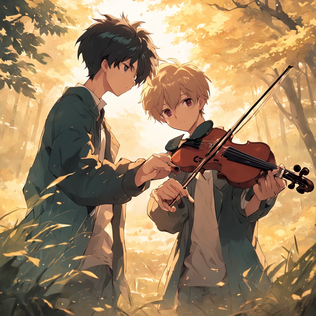two boys in love, playing the violin, in the countryside, anime, realistic