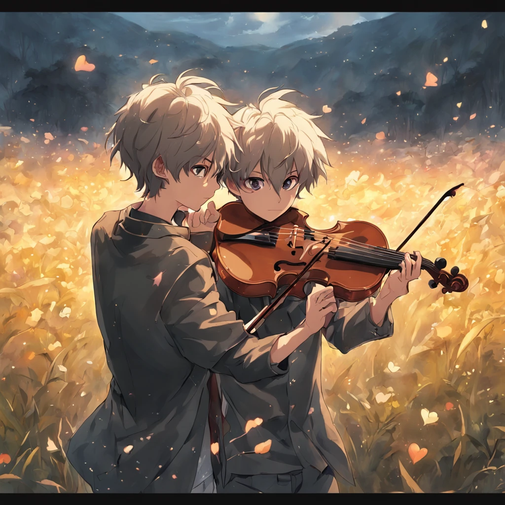 two boys in love, playing the violin, in the countryside, anime, realistic