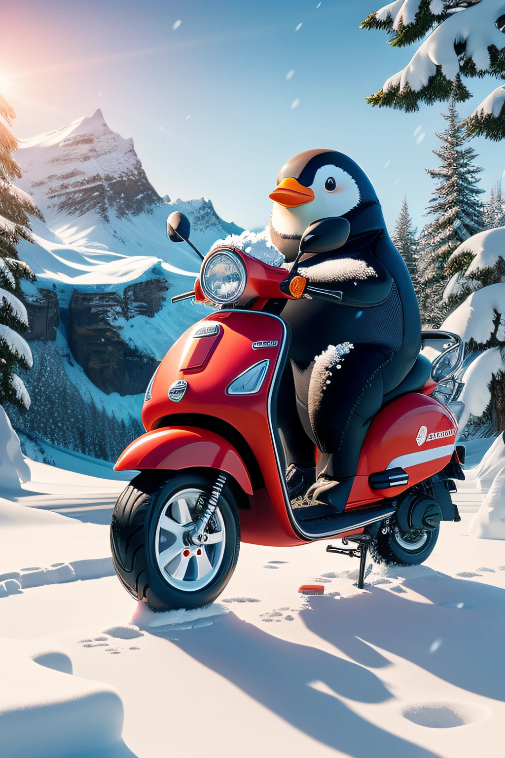 post office,delivery,Chubby cute penguin,Ride a red scooter,delivery,(Landscape surrounded by snow and ice:1.2), Black strokes,Stick Figure Style,8K,