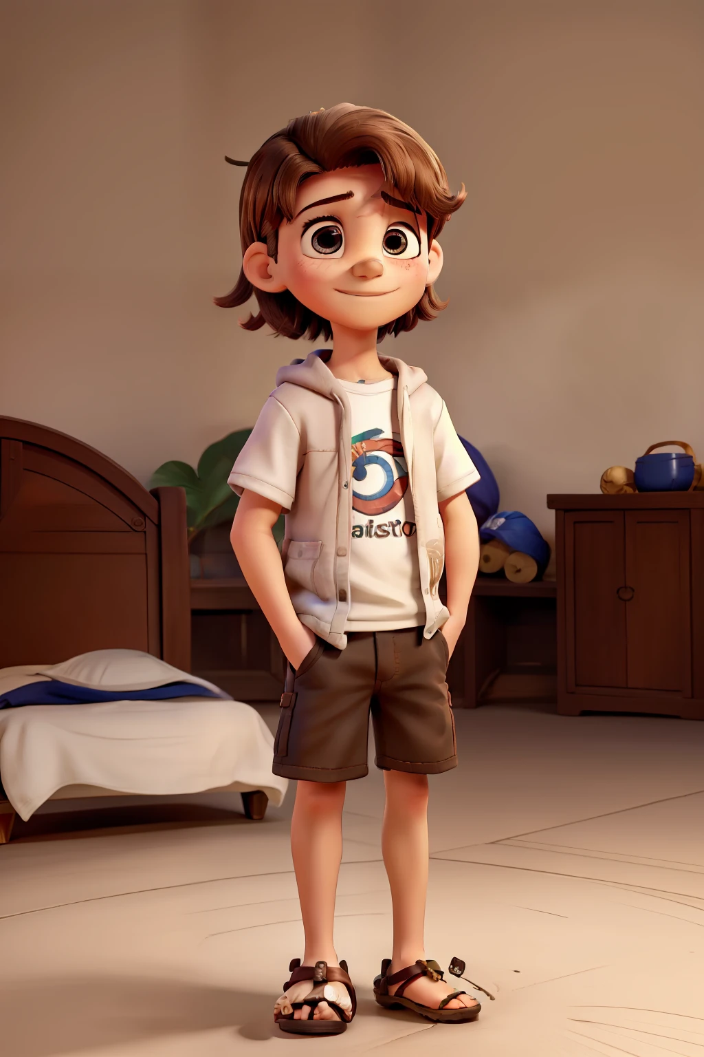 menino de 6 anos pardo, olhos castanhos escuros, without glasses, cabelos curtos, com camiseta branca e short curto marrom, with finger sandals, bashful, sonhador e pobre, seen from different angles.