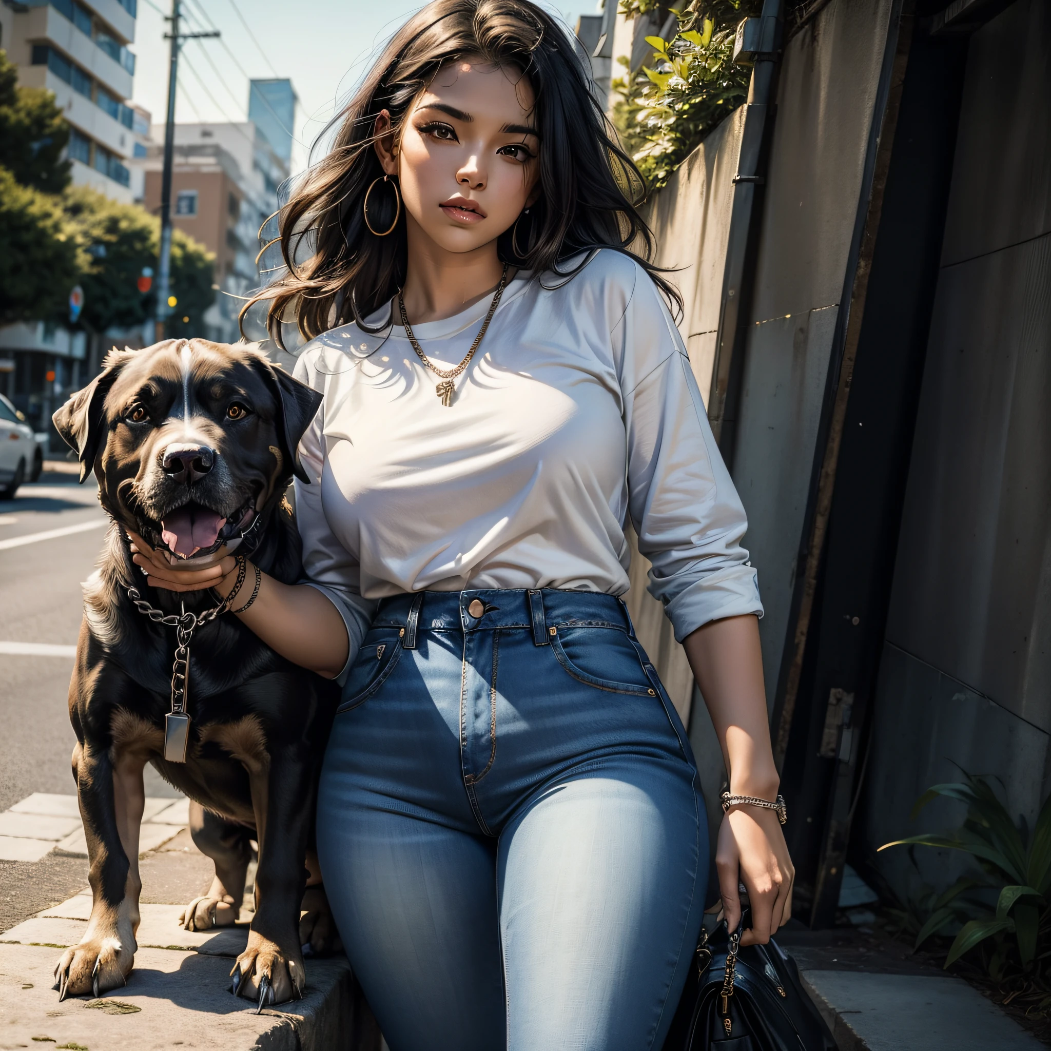 full body, 1girl wearing (jeans shorts and white shirt), holding a (breed dog /pitbull moster/) by the chain, (black color), oversized, robust physical size dog, focus on the dog, extremely detailed dog.
(masterpiece: 1.5) (photorealistic: 1.1) (bokeh) (best quality) (detailed skin texture pores hair: 1.1) (intricate) (8k) (HDR) (wallpaper) (cinematic lighting) (sharp focus )