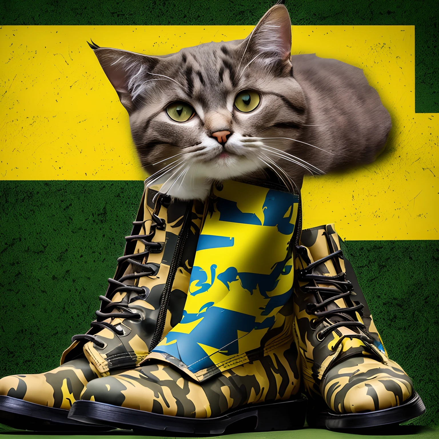 ((cat head, catmen, solo, masterpiece, ukraine soldier, ukrainian flag, best quality, (boots) camouflage)) full body, shirt, weapon, gun, steppe location, takes aim, aiming, profile,