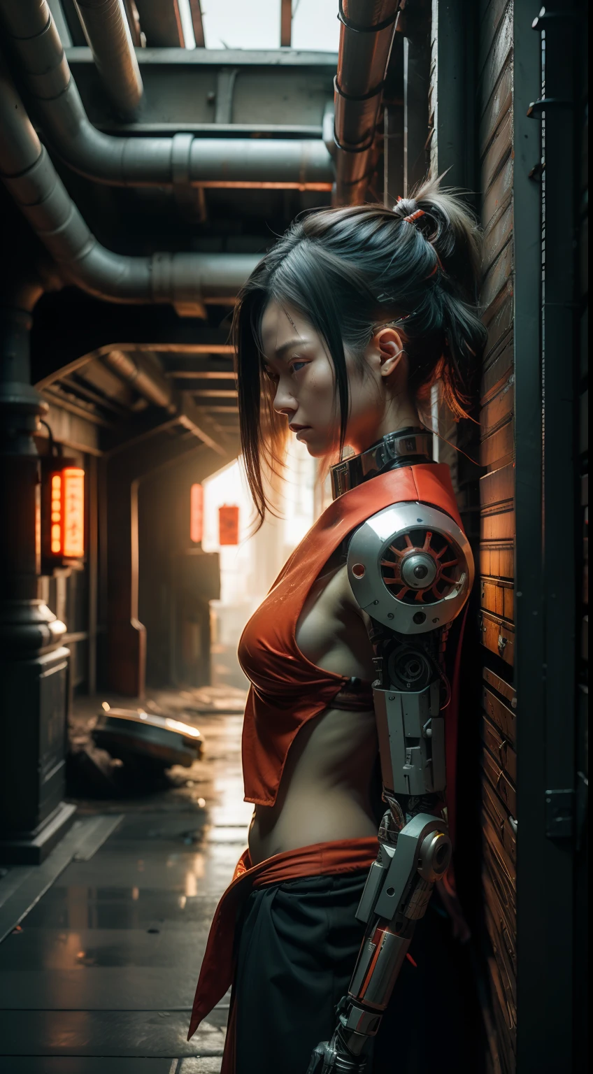 cybernetic japanese woman samurai in a ruined city, night, neon, rain, mechanic parts, cyborg, grey, red eyes, metal, mechanic arm, insane detail, 3d, nvidia retracing, octane render, cinematic light, 8k