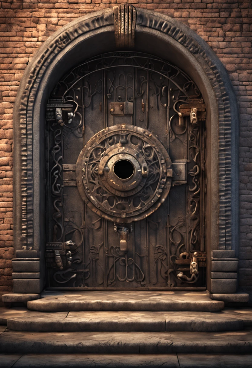 Classic old Indian old door with huge steel lock, design floral e de cobra gravado., chained with steel chains, octan render, cinema 4d render, hyper detail door sealed with huge steel chains and, Closed door with lamps on the wall, Sparks of fire on the ground, smoke on the ground, Porta para o inferno, A porta do inferno, Symmetrical Epic Fantasy Art, As portas do inferno, epic fantasy novel cover art, majestic occult gates, Dan Mumford Tom Bagshaw, Portas do Inferno, Um portal para o Reino da Chama Perdida, Dan Mumford e Alex Grey Estilo, a portal to hell sealed steel chains and a huge lock, hyper-realistic, fotorrealismo, Cinematic lighting, Huge steel lock, tocha de fogo bate nas paredes, detalhes completos da cor,