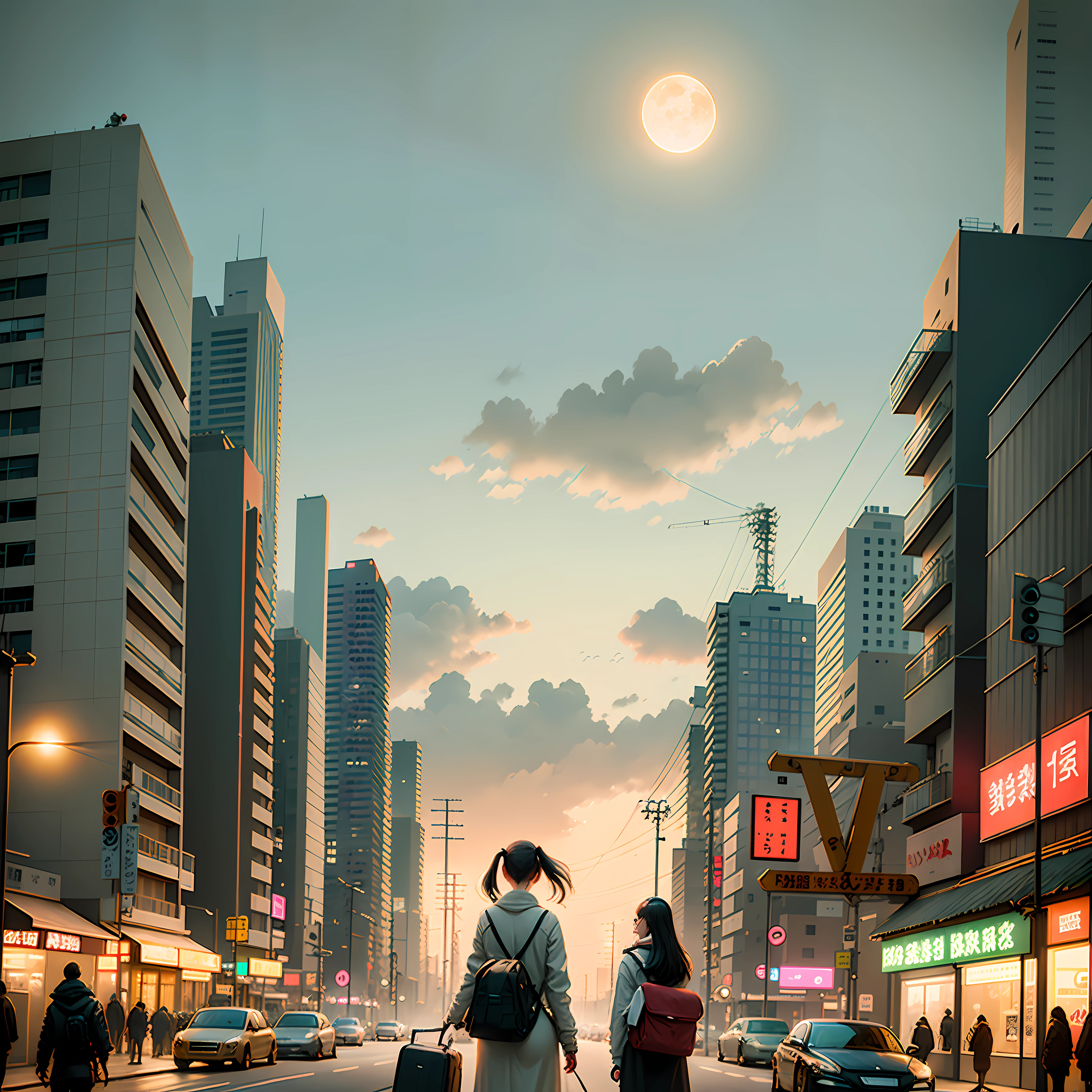 there is a woman walking down the street with a suitcaseisual novel, visual novel key visual, next to the sea, visual novel, by Yanagawa Nobusada, set in post apocalyptic tokyo, (neotokyo), by Naka Bokunen, visual novel cg, art cover