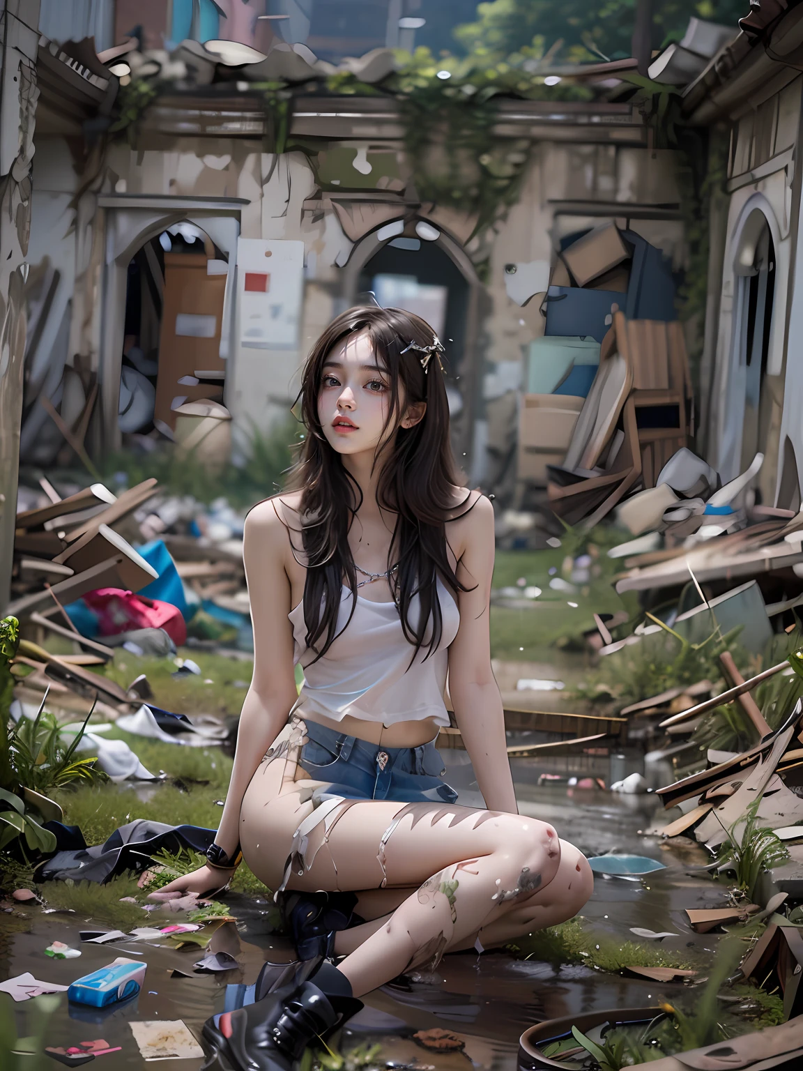 Highest image quality,best qualtiy,tmasterpiece,abandoned ruins,Garbage all over the ground 1.2,grimy,18-year-old Korean beautiful girl,very beautiful long slim legs,(((Random nudity 1.2))),exhibitionists,Random exposure of genitals