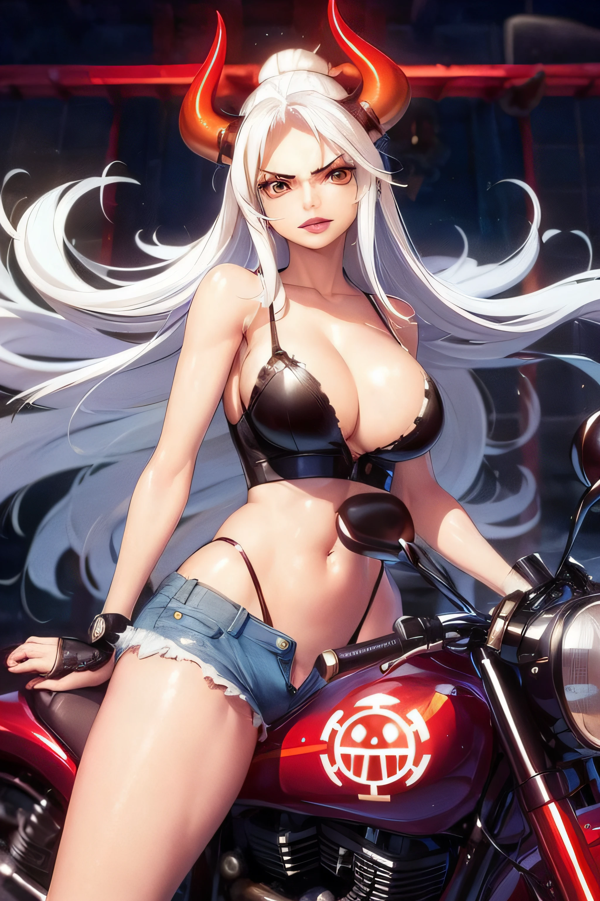 a close up of a person on a motorcycle with a devil's head, seductive anime girl, extremely detailed artgerm, perfect white haired girl, anime style 4 k, badass anime 8 k, ig model | artgerm, artgerm. anime illustration, tifa lockhart with white hair, artgerm style, guweiz, wearing bikini stringless top, denim shorts
