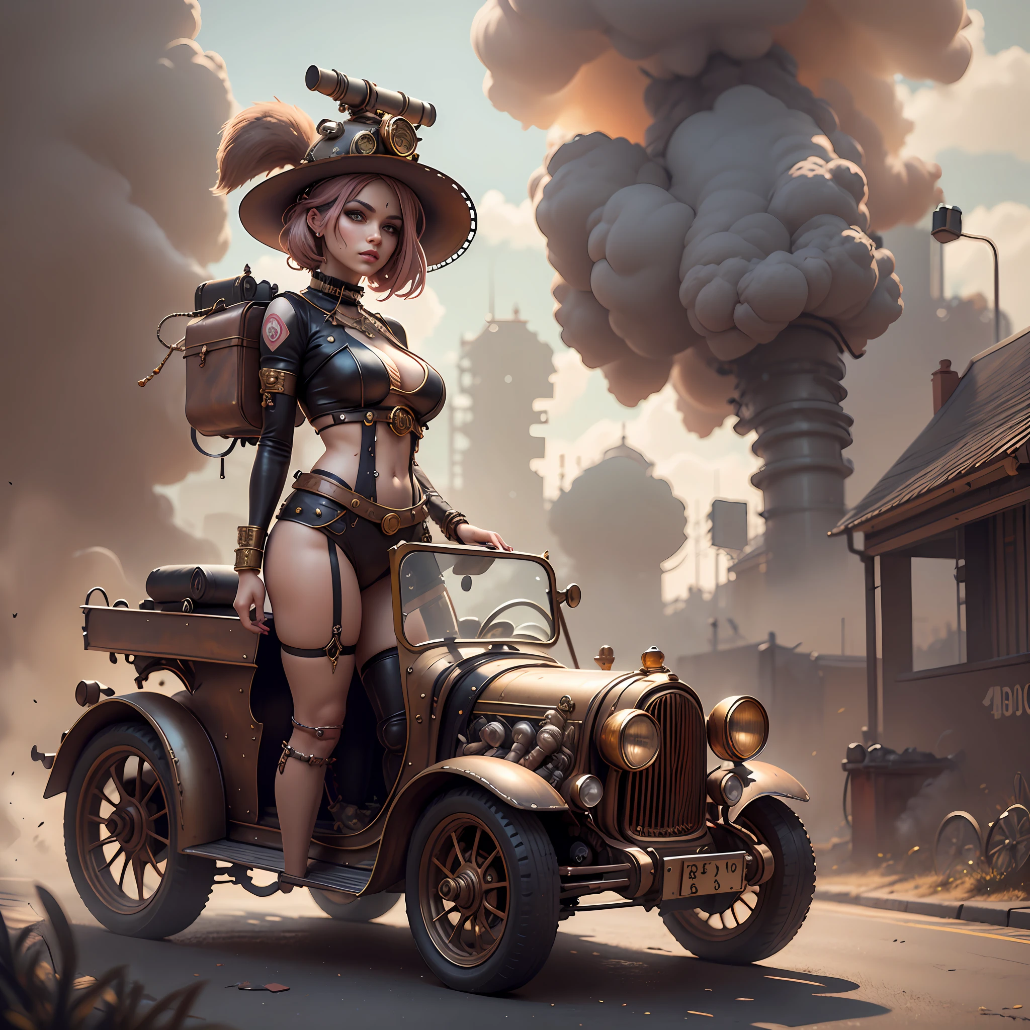 There's a sexzy indian 1woman with a street punk dusky skin, laying in steam punk car with muscled body,less dress,Royal look,helmet, arte conceitual steampunk, sexzy full body view top to bottom, standing in backview turning camera, random camera anhle,dark smoke fog background,arte street punk digital, arte street punk de alta qualidade, Wojtek FUS, arte digital street punk, detailed wild street punk illustration, Portrait of a gold and copper mechanical woman, arte street punk, estilo de arte dieselpunk, cyberpunk street punk, estilo de fantasia street punk, Arte digital altamente detalhada em 4k, sci-fi street punk