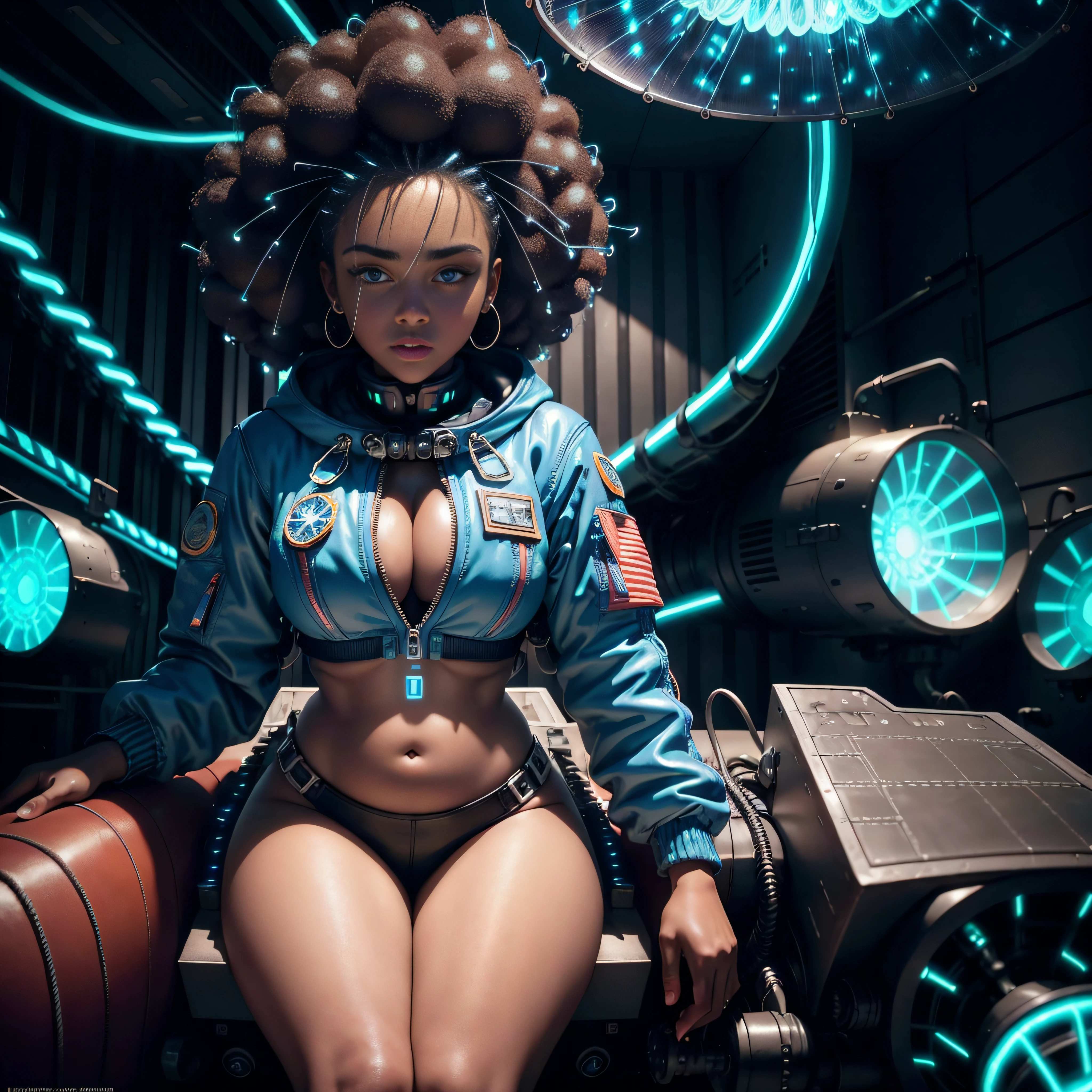 (dark-skinned woman:1.1) (blue neon Jacket With Rivets:1.3), (rave fashion:1.3), (big Afro hairstyle:1.3), (open zipper:1.2), (erotic:1.3), (sexy:1.3), (main space pilot seat:1.6), (small server room:1.3), (neon lights all over (glowing:1.7)), (dangling sprinkler wires:1.7), looking to camer, best quality, raw, masterpiece, super fine photo, best quality, super high resolution, photorealistic realism, sunlight, full-body portrait, delicate face, vibrant eyes, detailed face, stars background, gorgeous, highly detailed skin, realistic skin details, visible pores, sharp focus, high quality, photo realism, seen from below, translucent, (voluptuous:1.2), sensual, lascivious, dominant, (sexual:1.3), sexy, romantic, high quality, film grain, Cinematic Light, sidelighting, Lens Flare, Ray tracing, detailed face, detailed complex stars background, realistic skin details, visible pores, sharp focus, overexposed light