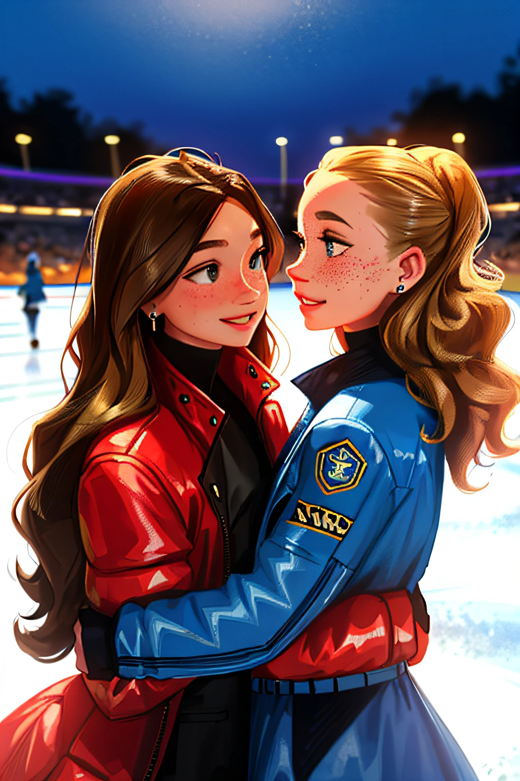 sam yang, 2girls, looking at each other, 1 girl, blonde hair, hazel eyes, long hair, curly hair, earrings, freckles, jewelry, lips, smiling, female ice skater, wearing a red jacket, parted lips, other brunette girl, brown hair, blue eyes, long hair, straight hair, freckles, smiling, parted lips, wearing a blue jacket, female ice skater, looking to the side, hugging, stadium background, night, depth of field, ((masterpiece))