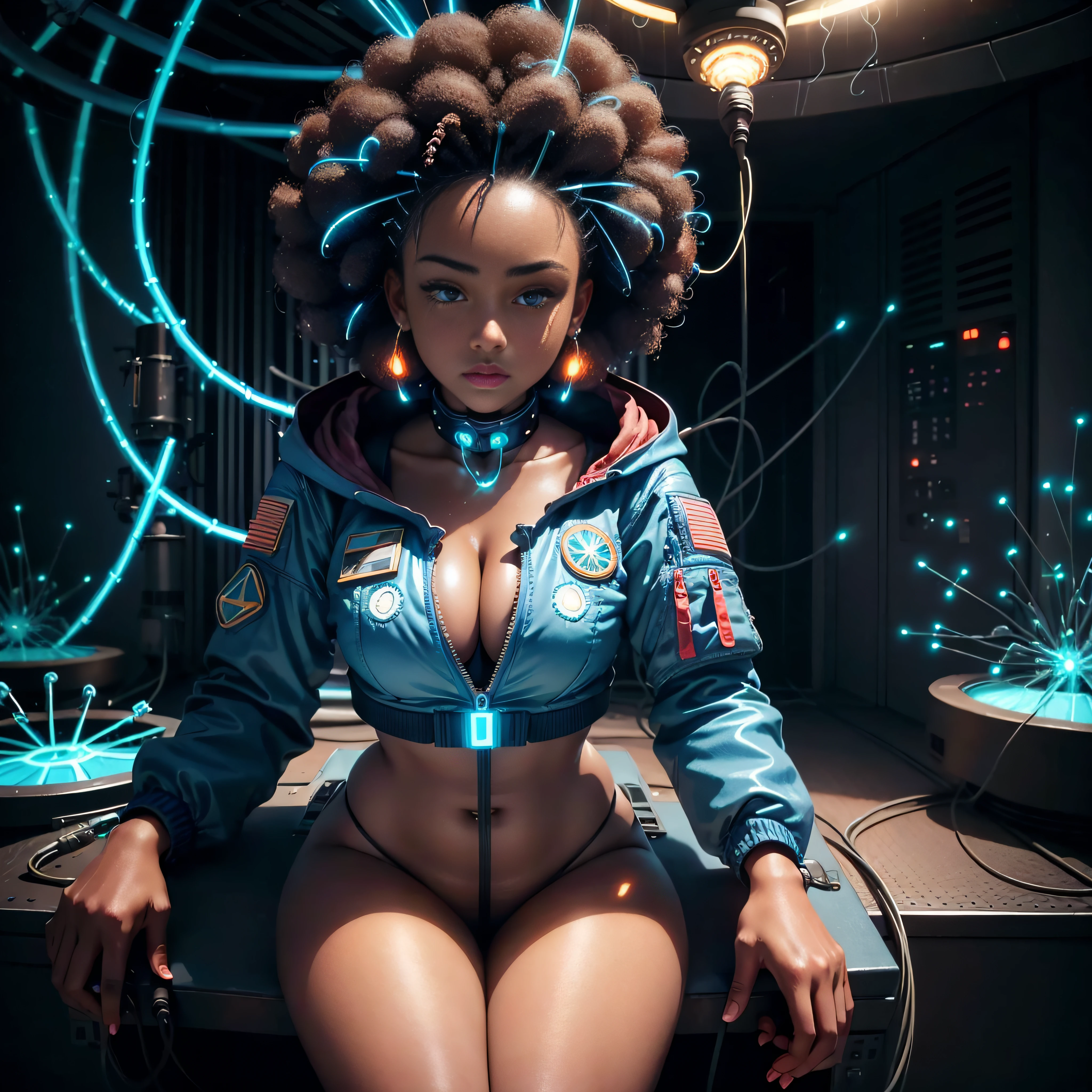 (dark-skinned woman:1.1) (blue neon Jacket With Rivets:1.3), (rave fashion:1.3), (big Afro hairstyle:1.3), (open zipper:1.2), (erotic:1.3), (sexy:1.3), (main space pilot seat:1.6), (small server room:1.3), (neon lights all over (glowing:1.7)), (dangling sprinkler wires:1.7), looking to camer, best quality, raw, masterpiece, super fine photo, best quality, super high resolution, photorealistic realism, sunlight, full-body portrait, delicate face, vibrant eyes, detailed face, stars background, gorgeous, highly detailed skin, realistic skin details, visible pores, sharp focus, high quality, photo realism, seen from below, translucent, (voluptuous:1.2), sensual, lascivious, dominant, (sexual:1.3), sexy, romantic, high quality, film grain, Cinematic Light, sidelighting, Lens Flare, Ray tracing, detailed face, detailed complex stars background, realistic skin details, visible pores, sharp focus, overexposed light