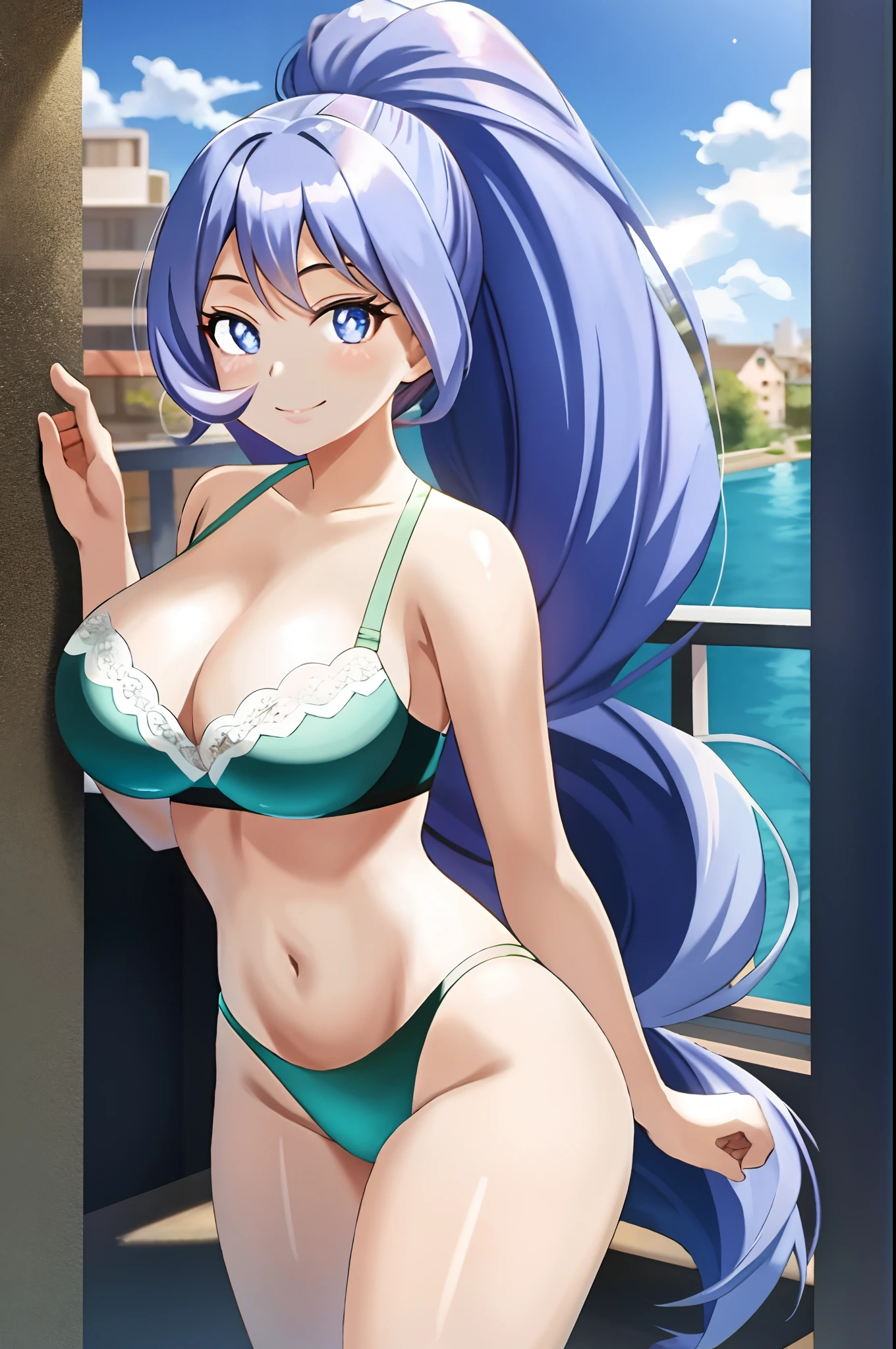 Nejire, 1girl, beautiful hair, breasts, closed mouth, looking at viewer, smiling, solo, beautiful background, ((masterpiece)), glowing eyes, beautiful eyes, big boobs, anime style, ponytail, lingerie, bra, underwear