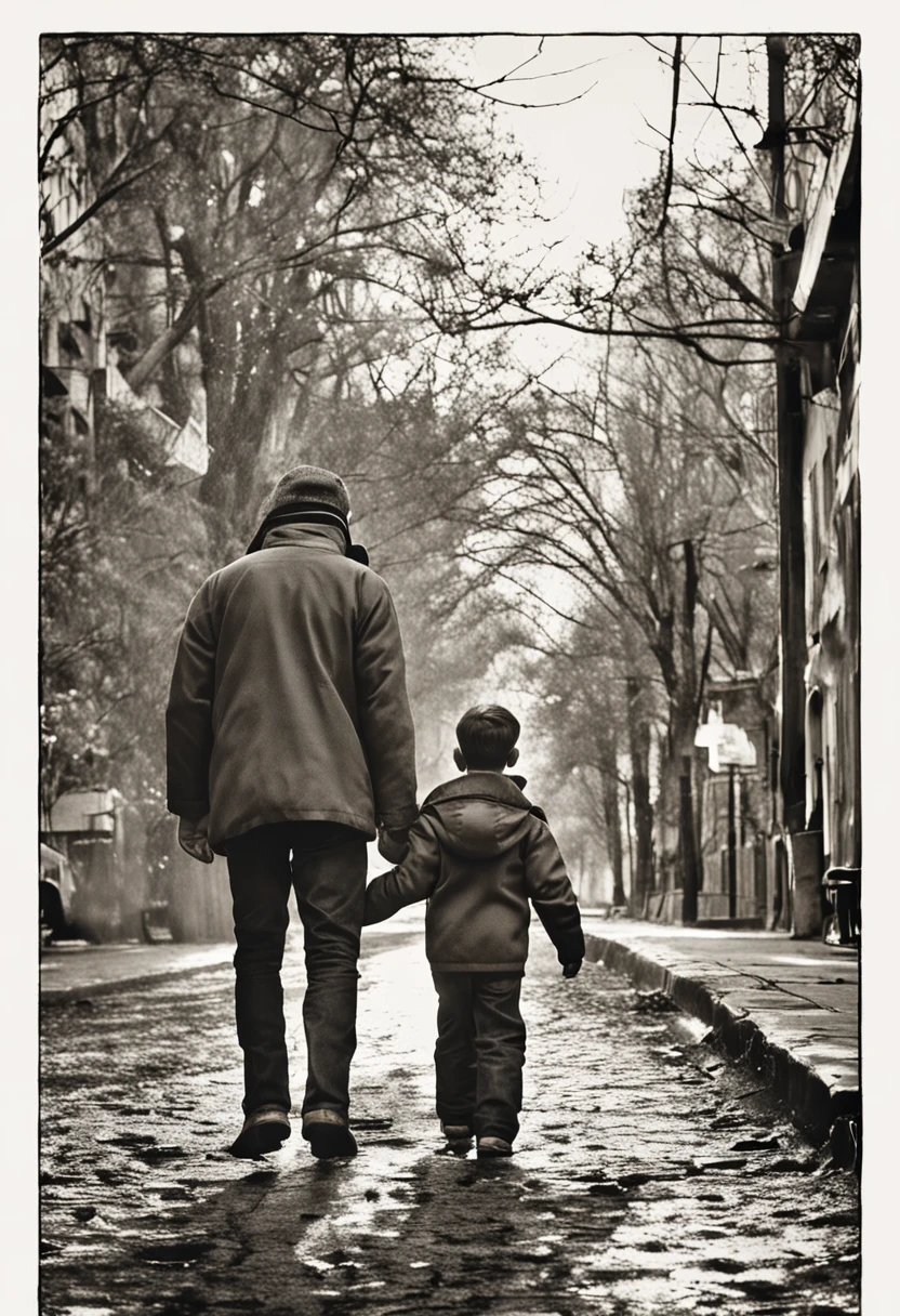Illustrate a heartfelt moment of a father and his young son walking together, their gaze fixed on the camera, conveying their bond and determination amidst challenging circumstances Soft, diffused winter lighting that imparts a sense of resilience and endurance Frame the duo in a close-up shot, capturing their faces and upper bodies. The camera positioned at eye level emphasizes their connection and portrays the father and son's shared determination ::n_Capture a poignant scene of a father and son walking, their eyes meeting the camera with a reflection of the weight of their struggles.