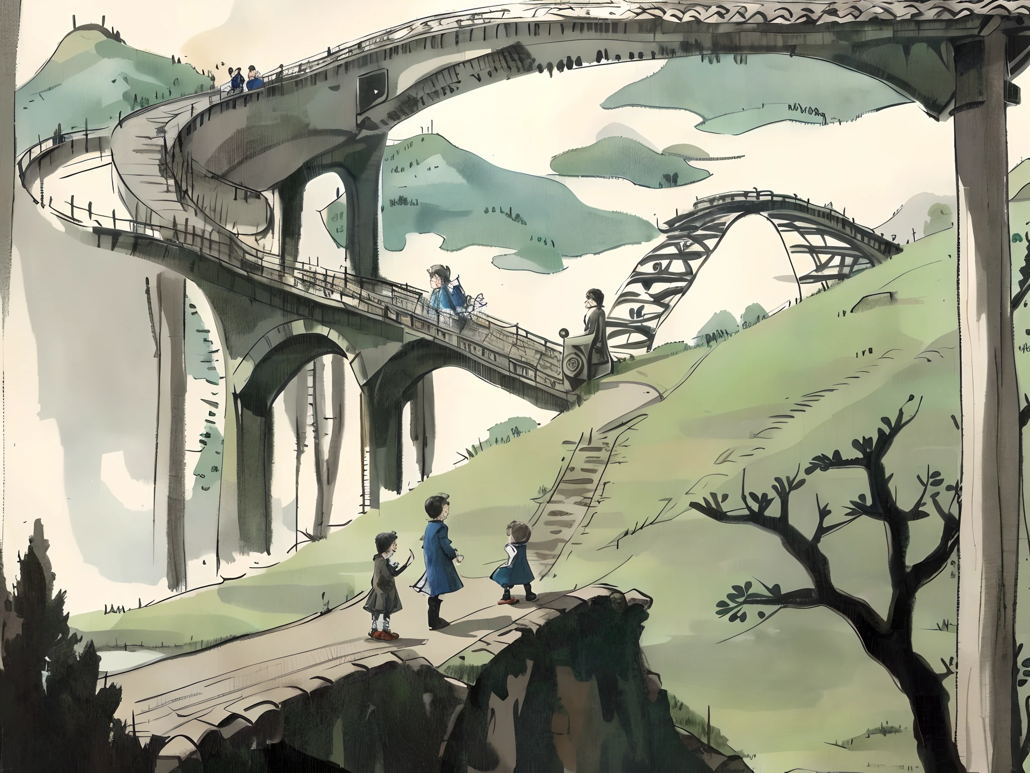 Draw a child's drawing style on the bridge，Summary with clean lines，author：anato finnstark，Inspired by Slava Raskay
