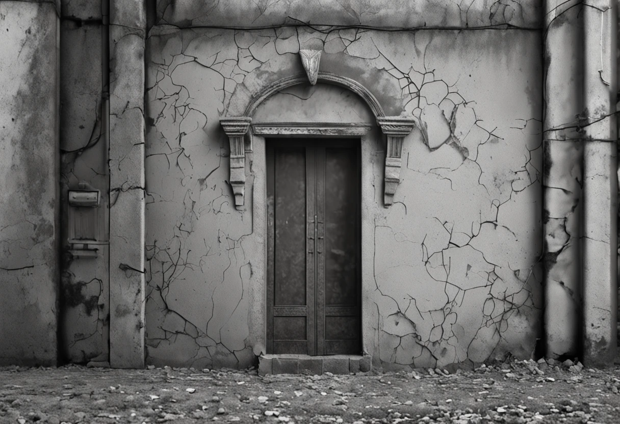 A thin creeper with a small number on the wall, a column, a plain on the ground, a gate in the middle, a real image related to the historical period, patterns and shapes and handprints on the wall, a broken window, a crack and a crack, simple and minimal. The object is few, the theme is gray and close to each other, pale, the theme is dark and dim, rays of light in some places, flat ground with small flowers, made of stone