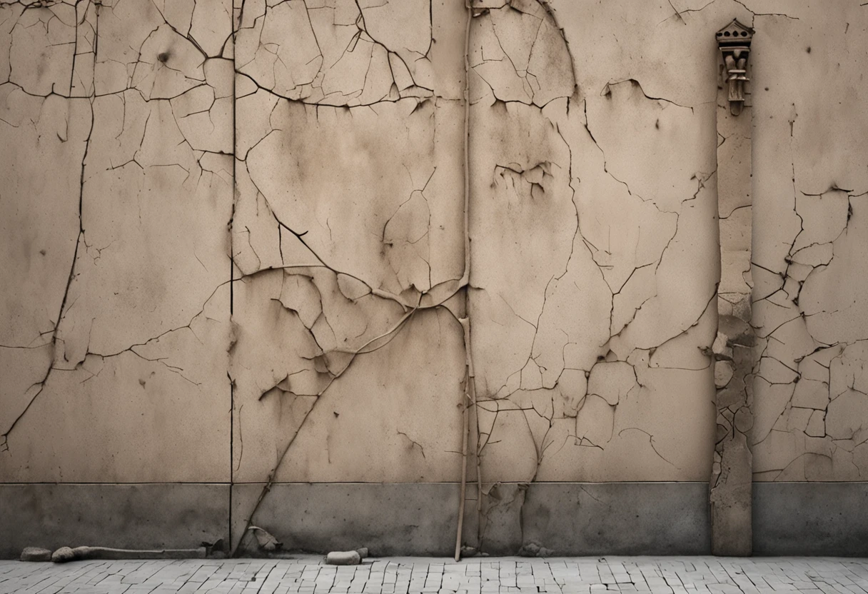 A thin creeper with a small number on the wall, a column, a plain on the ground, a gate in the middle, a real image related to the historical period, patterns and shapes and handprints on the wall, a broken window, a crack and a crack, simple and minimal. The object is few, the theme is gray and close to each other, pale, the theme is dark and dim, rays of light in some places, flat ground with small flowers, made of stone