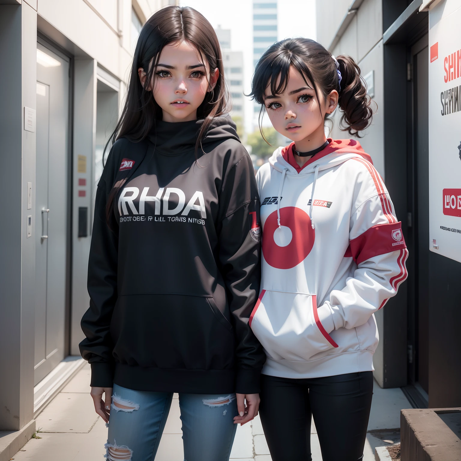 There are two robot girls next to each other in a building, foto de perfil, by Amelia Peláez, Foto realista, Alanis Guillen, Imagem, Isabela Moner, with a kid, foto do perfil, Upload de alta qualidade, Nos bastidores, muito granulado, Lorena Avarez, Directed by: David Ruby, Fotografia tirada em 2 0 2 0