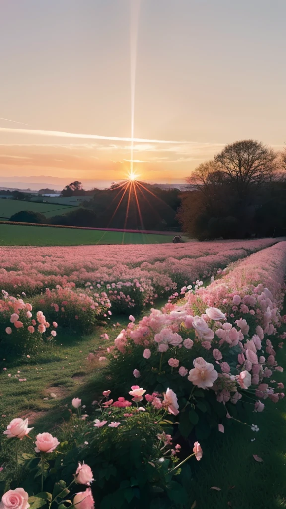 A close up of a field of flowers with the sun setting - SeaArt AI