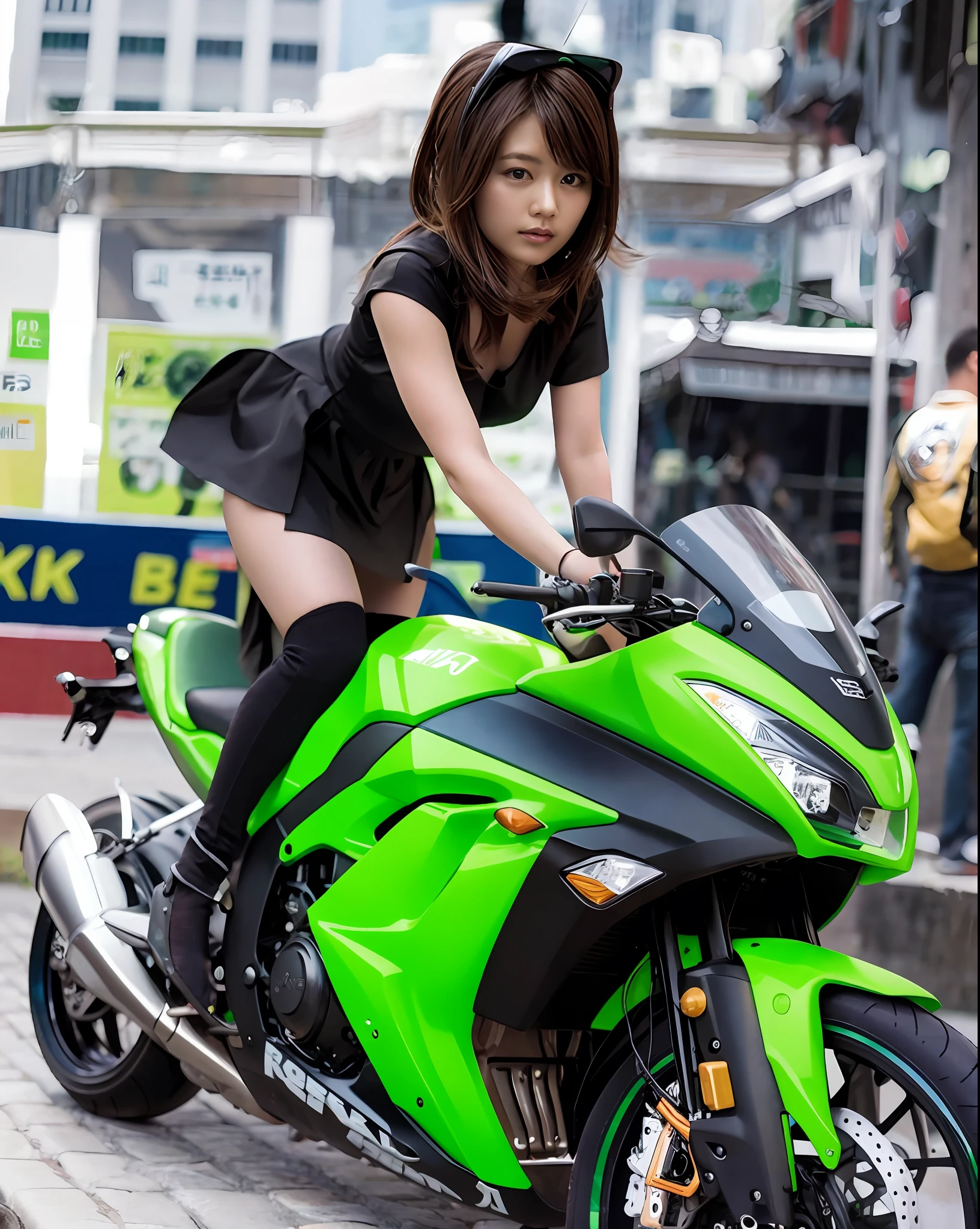 Real Images、rialistic photo、Top image quality、Alafe girl in black miniskirt dress on green motorcycle, russian and japanese mix, Anna Nikonova aka Newmilky, comic book style, sitting on a motorcycle, green skin!, kawasaki, sitting on cyberpunk motorbike, sexy-S 100, black and green, green and black, profile picture 1024px, takata yamamoto style, Motorcycles
