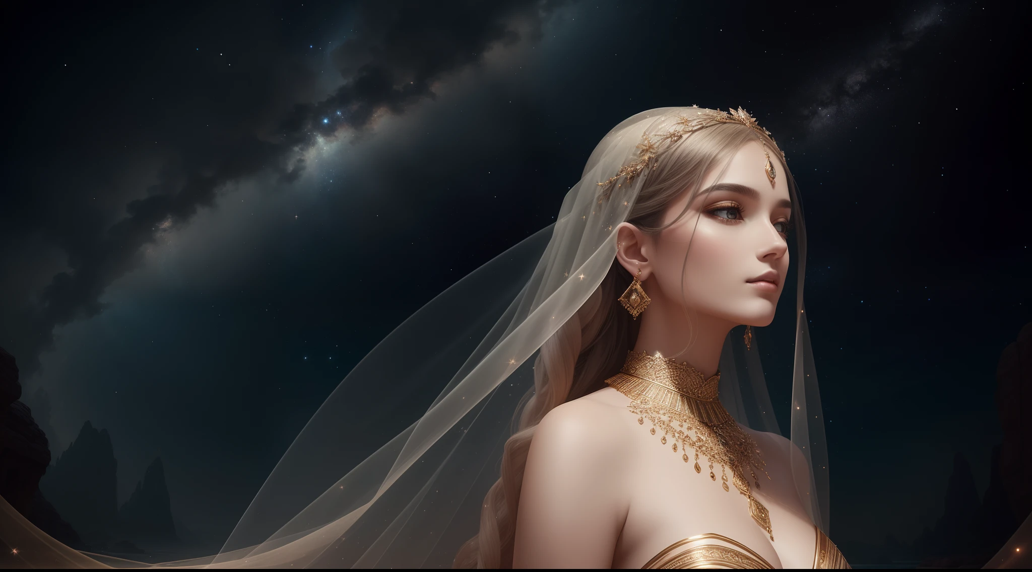 Behold an extraordinary AI-generated image that portrays a striking woman with alabaster skin and cascading onyx hair, standing against a backdrop of shimmering stars. The intricate 32K details breathe life into every strand of hair, while her piercing gaze holds a captivating allure. Bathed in an ethereal glow, the scene, rendered in UHD resolution, exudes an otherworldly ambiance. With a perfect blend of realism and artistic imagination, this image embodies the essence of celestial beauty and leaves a lasting impression on all who behold it. --auto