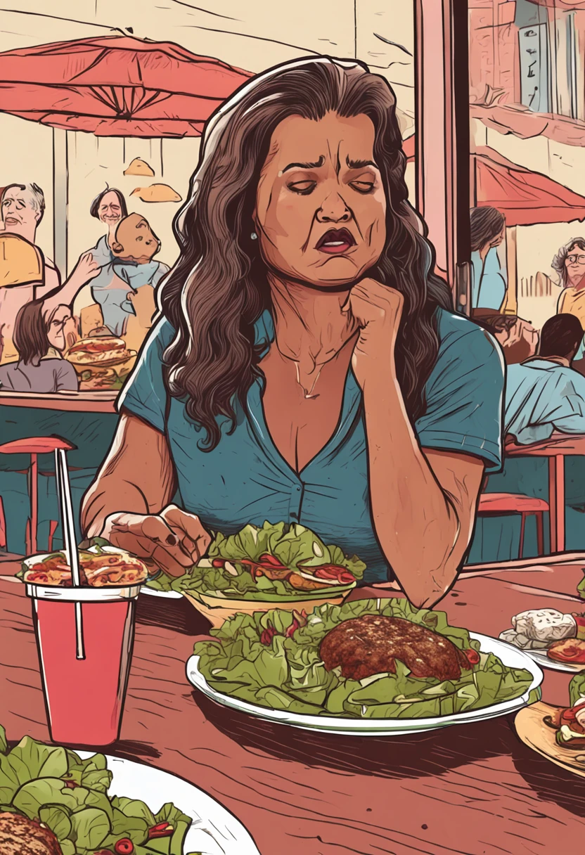 "Crie uma imagem que capture a realidade: uma mulher de 40 anos, sad expression, while trying to pick a salad amid a tempting selection of burgers and pizza."