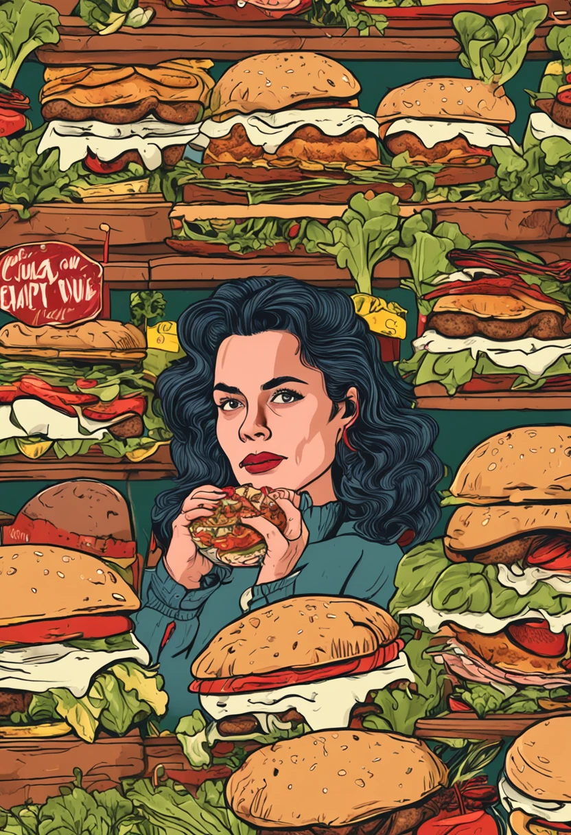 "Crie uma imagem que capture a realidade: uma mulher de 40 anos, sad expression, while trying to pick a salad amid a tempting selection of burgers and pizza."