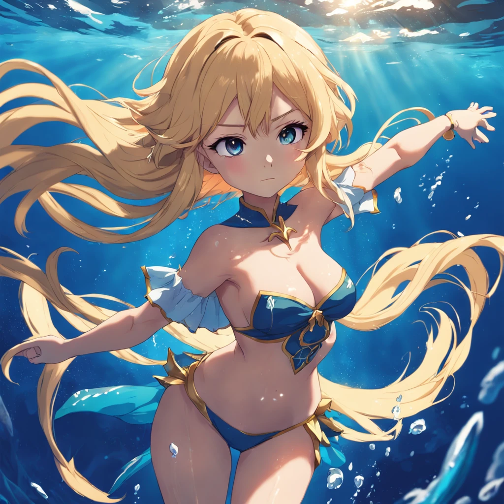 sereia anime, sereia, menina, blonde girl, sereia, Water powers, with flowing blond hair, sombreamento estilo anime plano, mulher anime, personagem estilo anime, estilo anime plano, pose poderosa, cabelo loira, roupas de sereia, pose poderosa, aquatic, menina animeoso