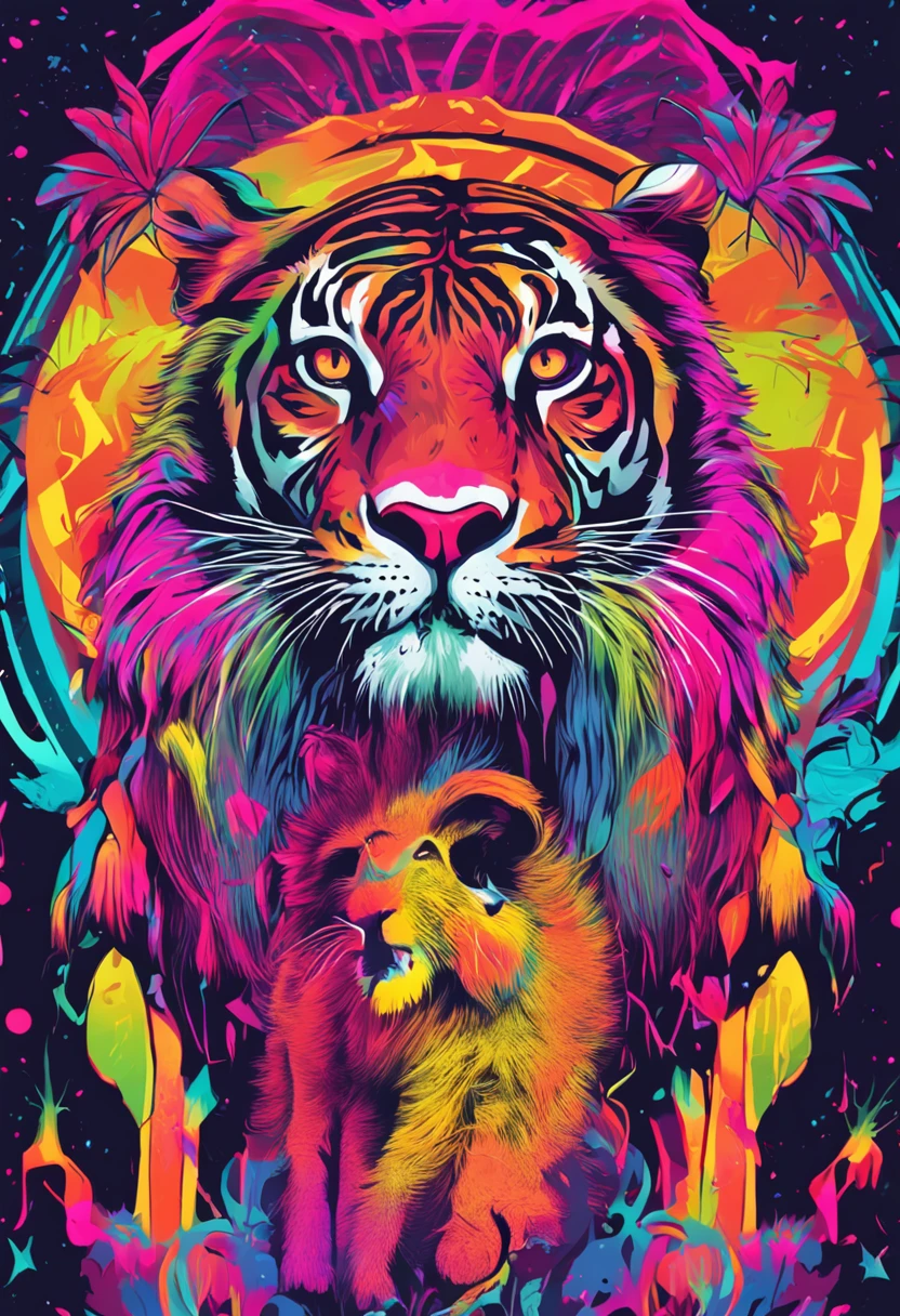 collage vibrante y colorido, with neon and shocking animals.