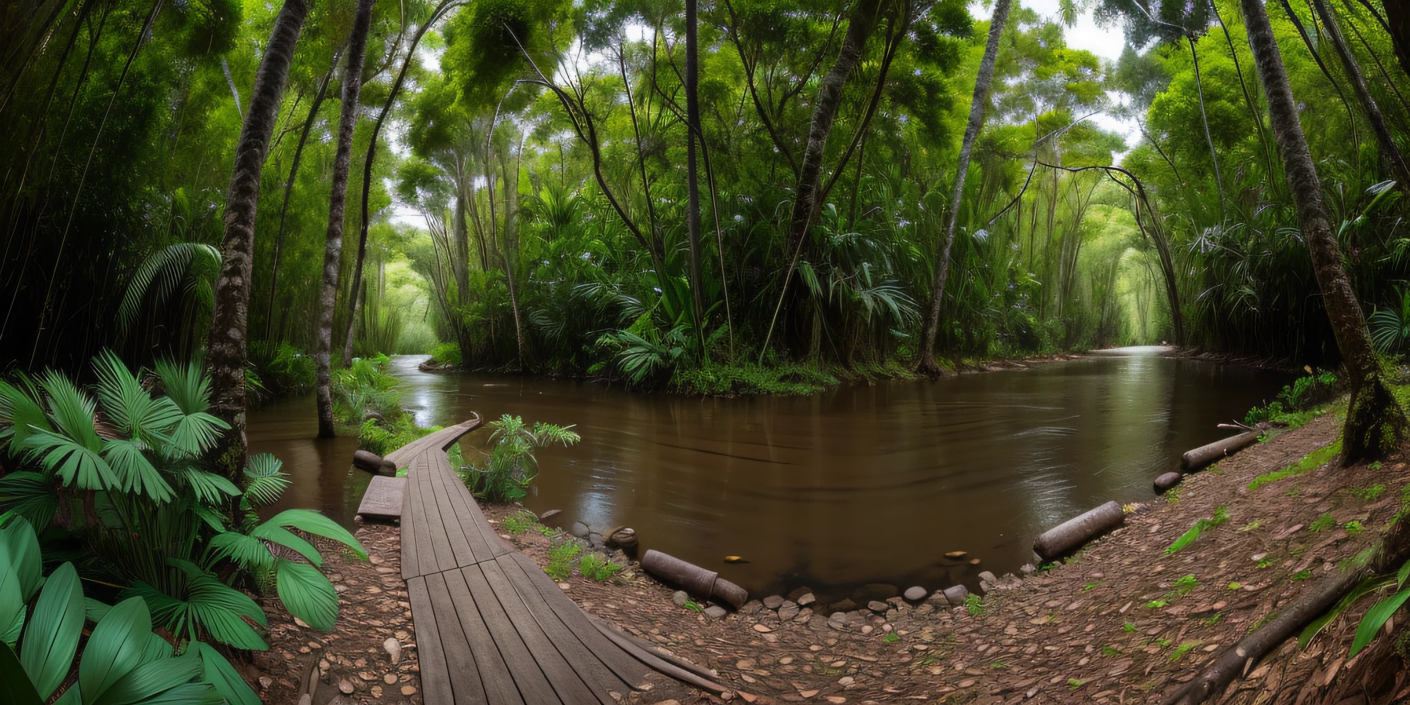 360° VR panorama image, sides (right and left) of the image stitched perfectly without division, Native wilderness trail in the Amazon forest, with several bromeliads, with tree trunks, with orchids, with a small river next to the trail, ultra detailed , realistic , photographer Tim Laman style.