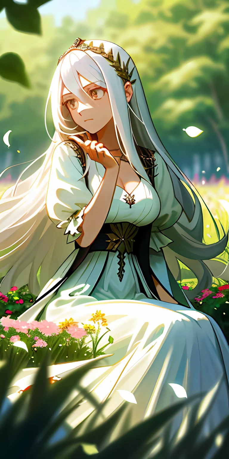 (tmasterpiece,best qualtiy),1 girl with long white hair sitting in a field of greenery and flowers,her hand under her chin,warmly lit,white dresses,Blurred foreground,nedium breasts,Beth