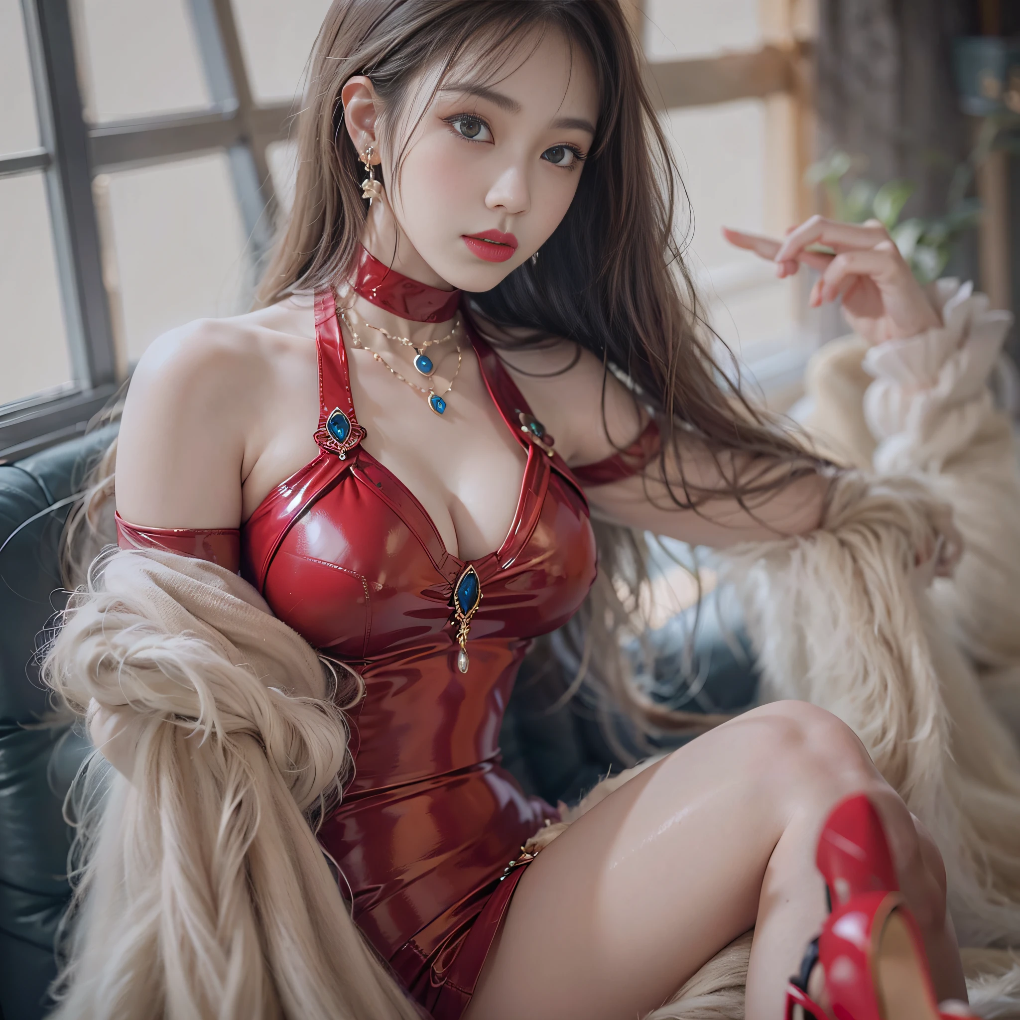 ((masterpiece:1.4)、(top-quality:1.4)、(reallistic:1.7))、a beauty girl、Super sexy daughter、Super beautiful girl、1girl in、Glossy luxury latex、Luxury Latex Bodysuit、By Luis Royo、age19、Super Ultra Ultra Bikini、beautiful countenance、kawaii faces、Beautiful udder、Beautiful ass、A detailed eye、Draw eyes clearly and beautifully、beautidful eyes、Raw photo、red-lips、Red high heels、a choker、a necklace、耳Nipple Ring、